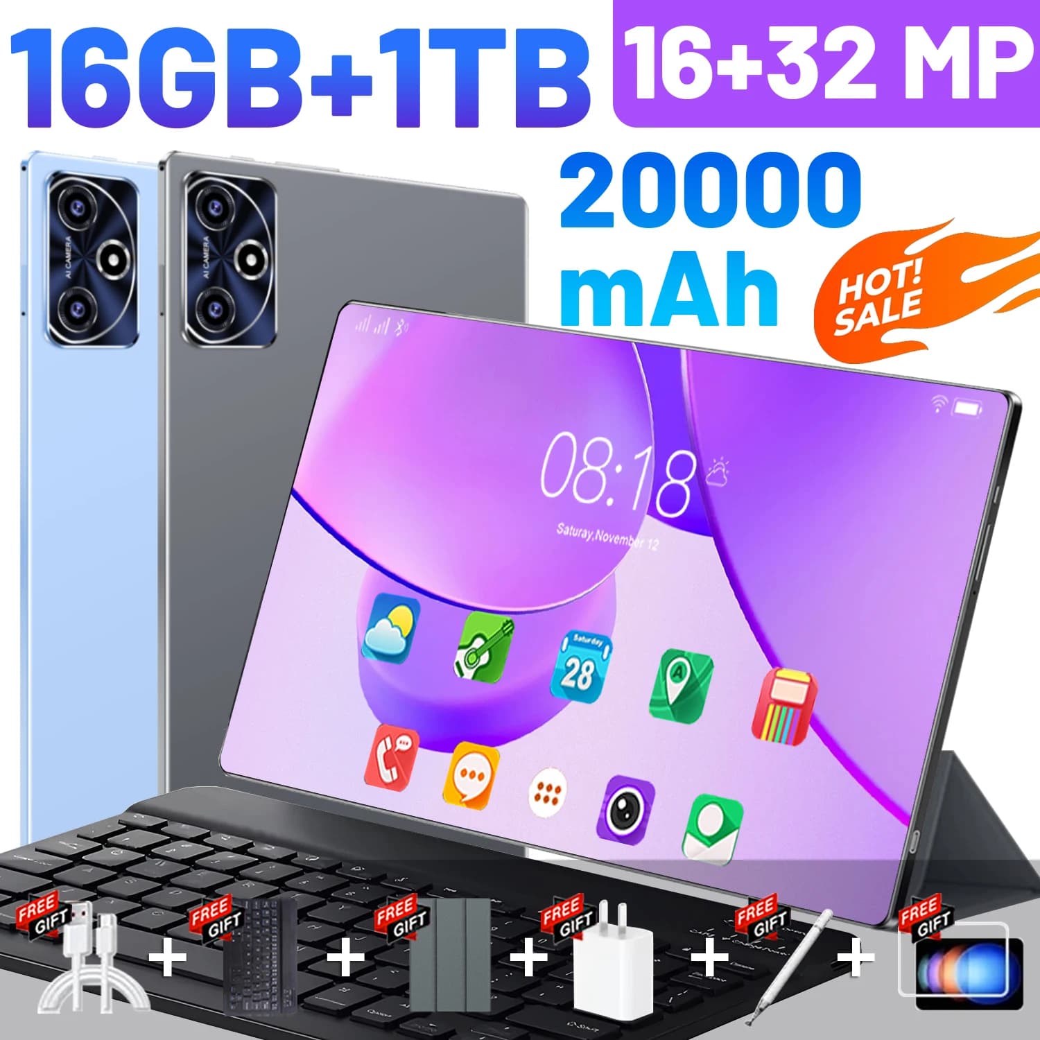 All Purpose Wireless Tablet 10.36 Inch 10 Core Android 13 16GB+1TB 5G WiFi 20000mAh Battery 16MP Front 32MP Rear Camera For Personal Daily Use
