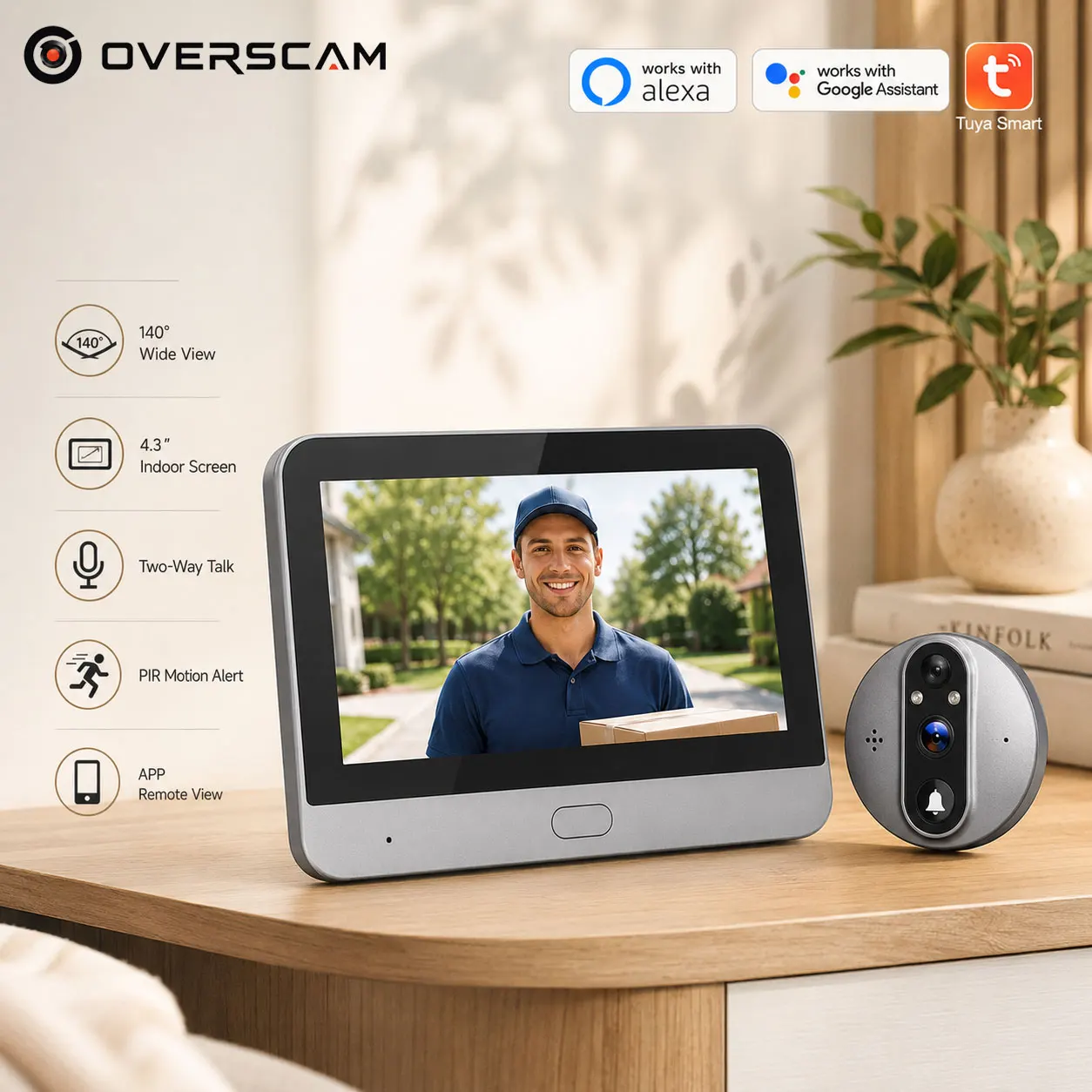 5MP Smart Peephole Doorbell Camera Digital Door Viewer with 140 Degree Wide Angle 5000mAh Rechargeable Battery PIR Motion Detection IR Night Vision Two Way Audio One Touch Call WiFi Tuya Smart Life App Alexa Google Assistant Home Security