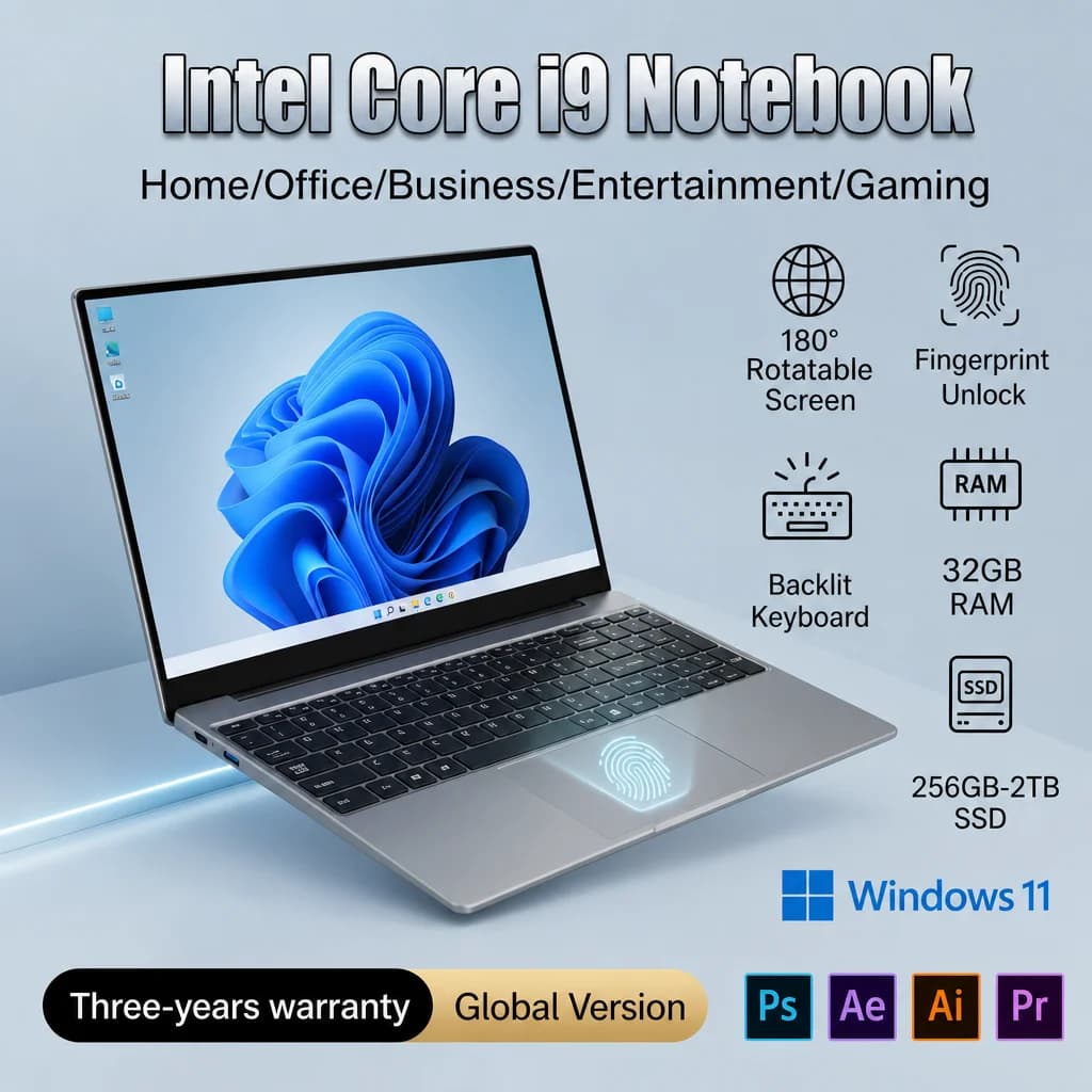 LENO NEW 15.6" Laptop 32GB 2TB Intel Core i9 9900 Windows 11 1920*1080 HD Gaming Computer PC Gamer Ultra Slim office Notebook