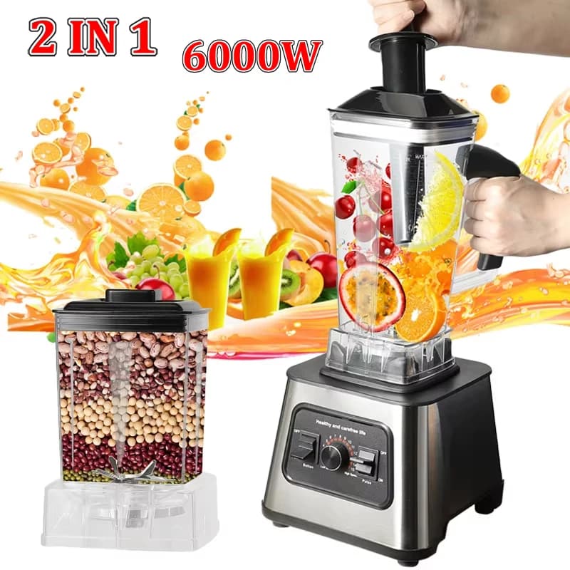 6000W 2 IN 1 Blender Mixer Juicer Smoothie Maker Table Blenders 2L+0.5L Container Food Processor Blender Mixer for Ice Nut Fruit