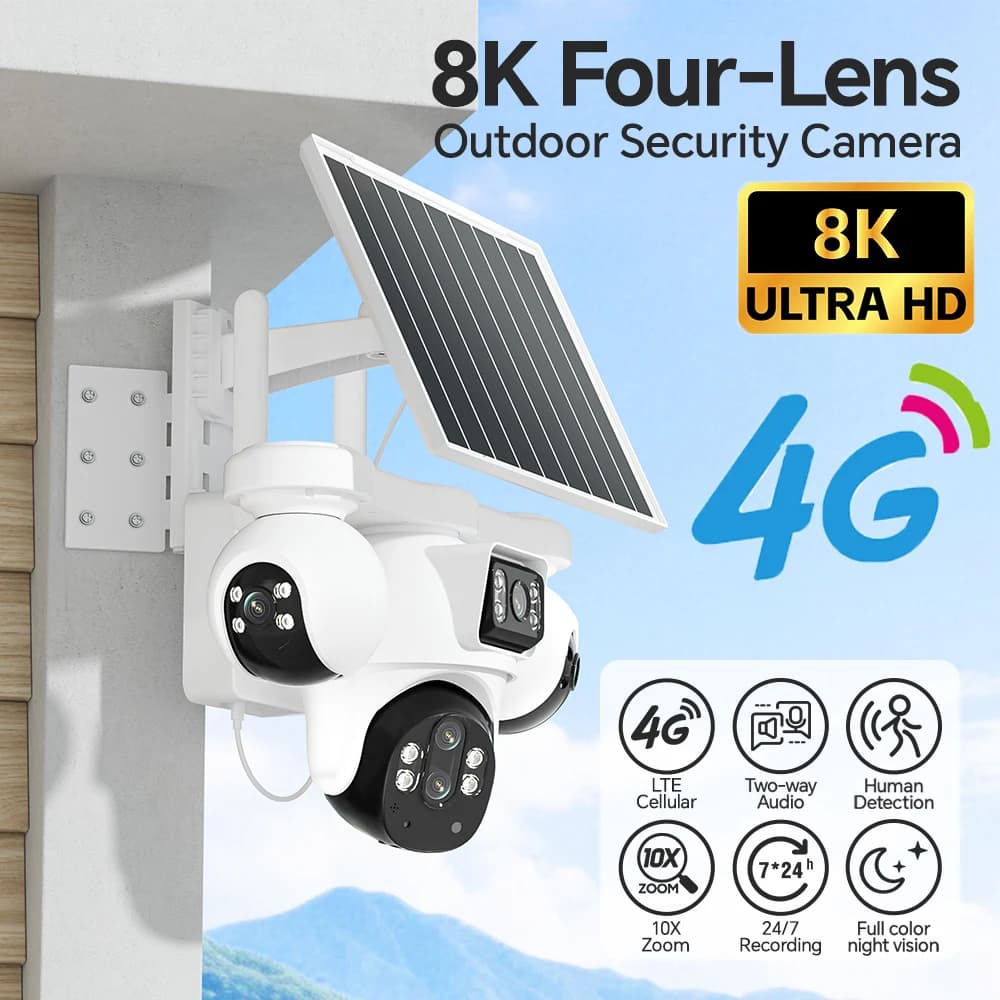V380 PRO 4-Lens 4-View Solar WiFi PTZ Camera 10X Zoom IP65 Waterproof Two-Way Audio Color Night Vision Outdoor Home Security Cam