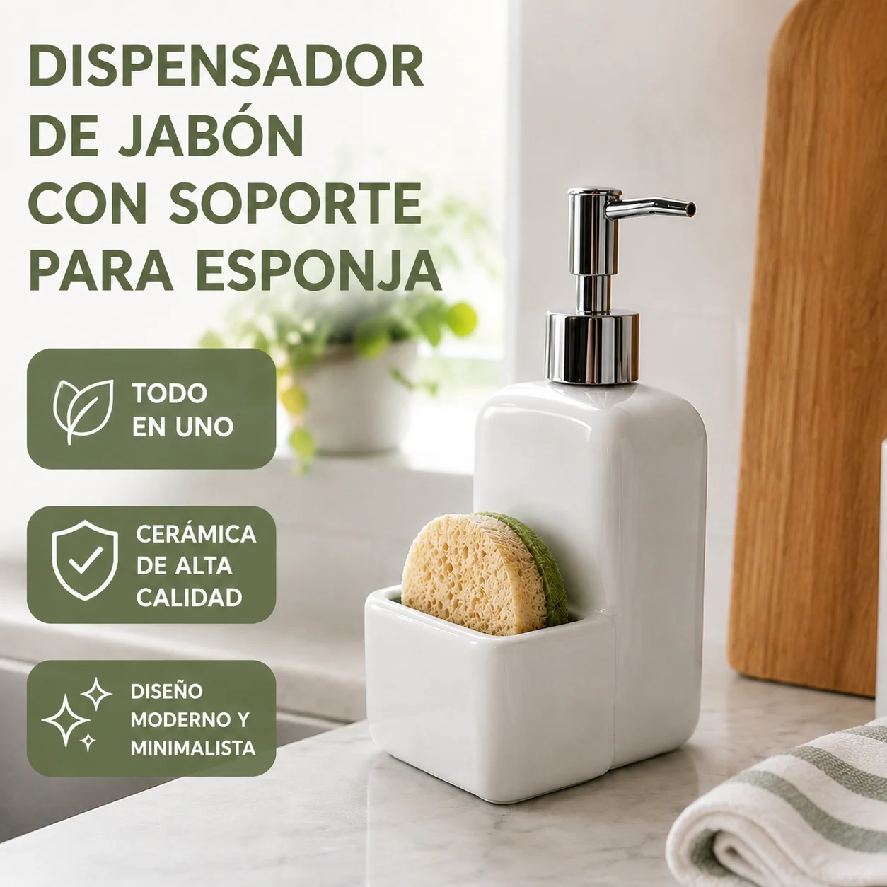 2 in 1 White Ceramic Liquid Soap Dispenser with Built-In Sponge Holder, Anti-Corrosion Stainless Steel Dispensing Pump, Refillable Minimalist Design, Moisture Resistant, Space-Saving, Ideal for Kitchen Countertops and Sinks
