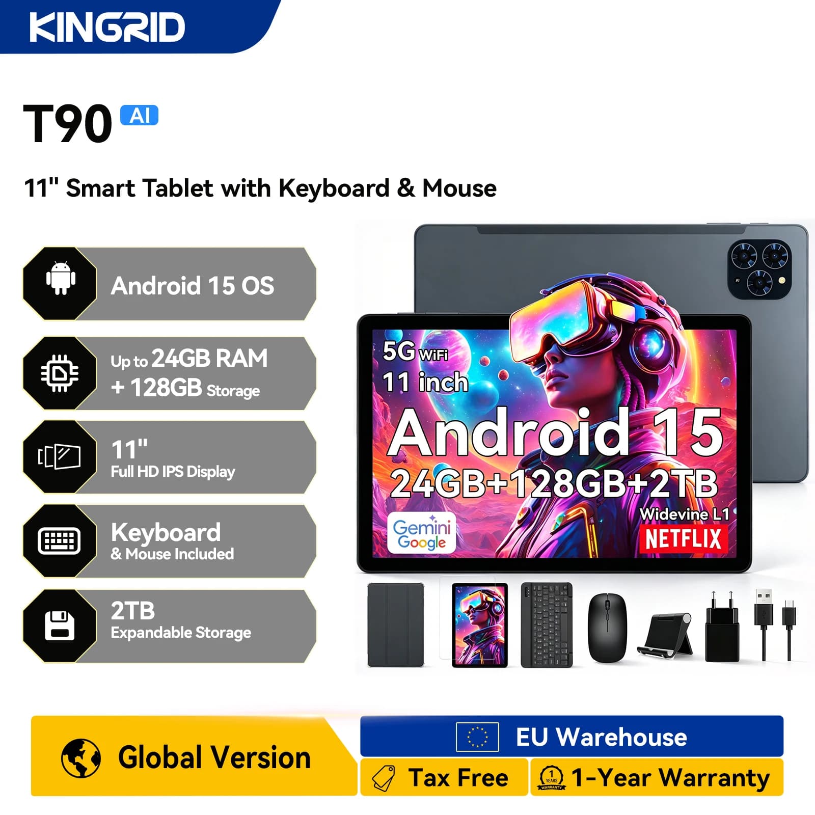 KINGRID T90 Android 15 Tablet with Keyboard Mouse, 24GB RAM 128GB ROM, Octa Core T615 Processor, 11 Inch FHD IPS Display, 8000mAh Battery, WiFi 5, Bluetooth 5.0, Gaming Tablet for Study Work Entertainment