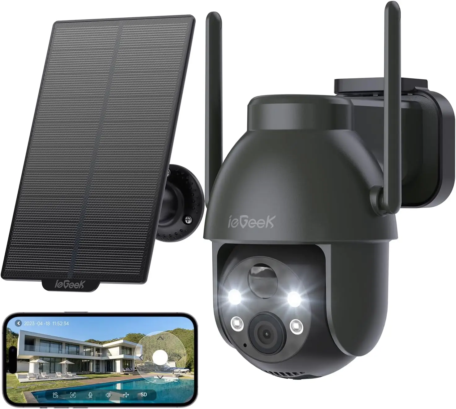 ieGeek 2K Solar Security Camera Outdoor Wireless, 360° WiFi CCTV Camera  with Solar Panel, Color Night Vision, PIR Motion Detection, 2-Way Audio, Works with Alexa