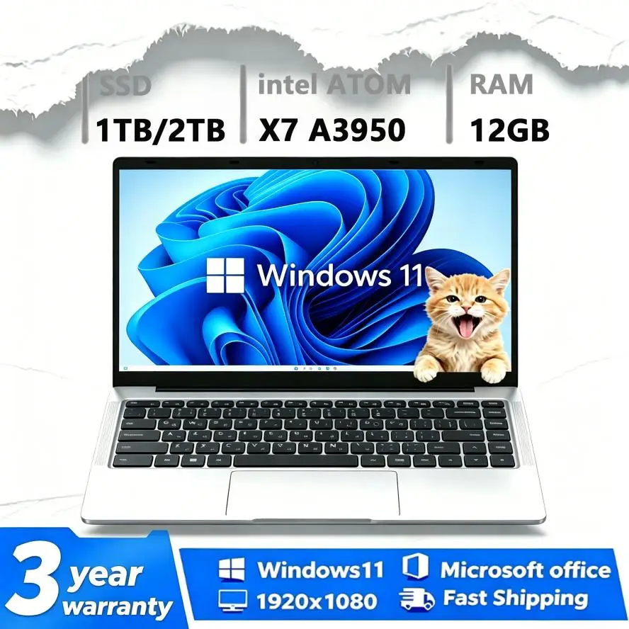 2026 NEW Laptop Windows 11 Intel ATOM X7 A3950 12GB RAM 512GB 1TB SSD 1920*1080 Office Study Computer PC