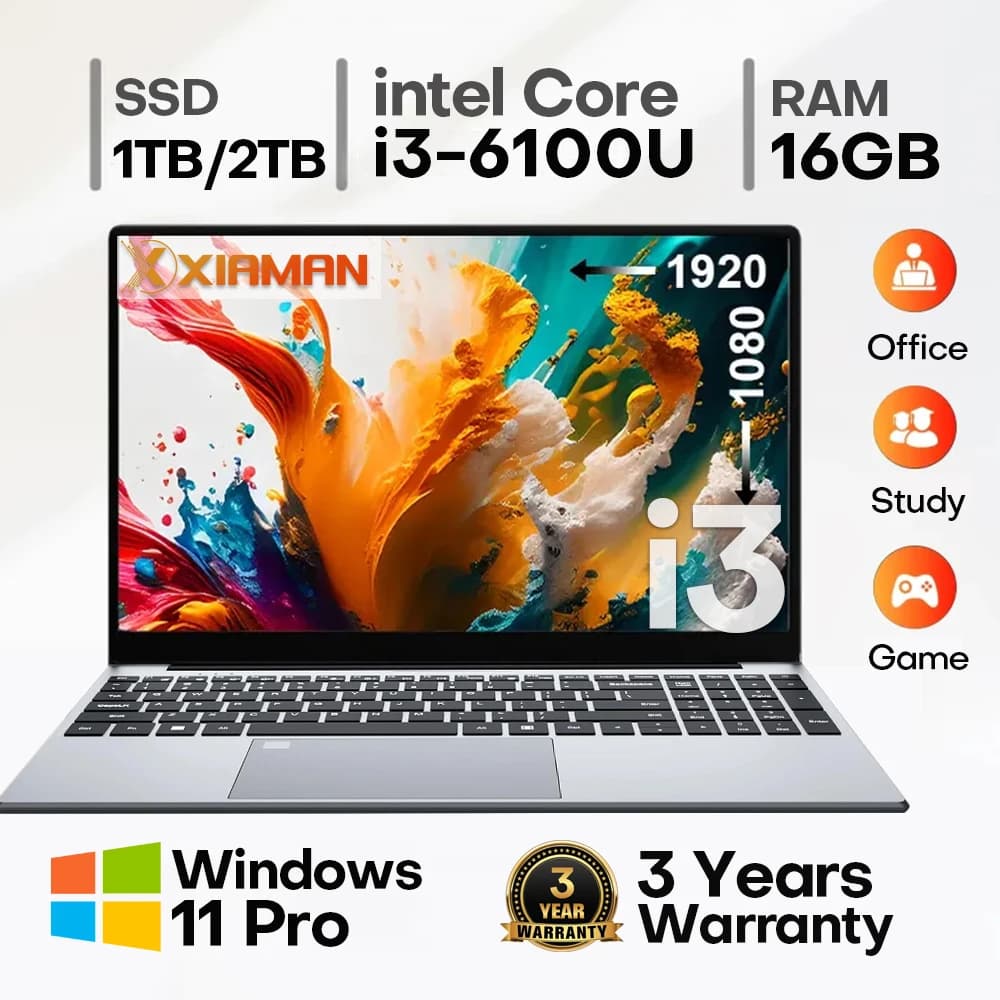 Xiaman 15.6" Intel Core I3 6100U Laptop Computer Windows 11 Pro 16Gb Ram 512Gb 1Tb Ssd Portable Notebook Pc Office Study Laptops