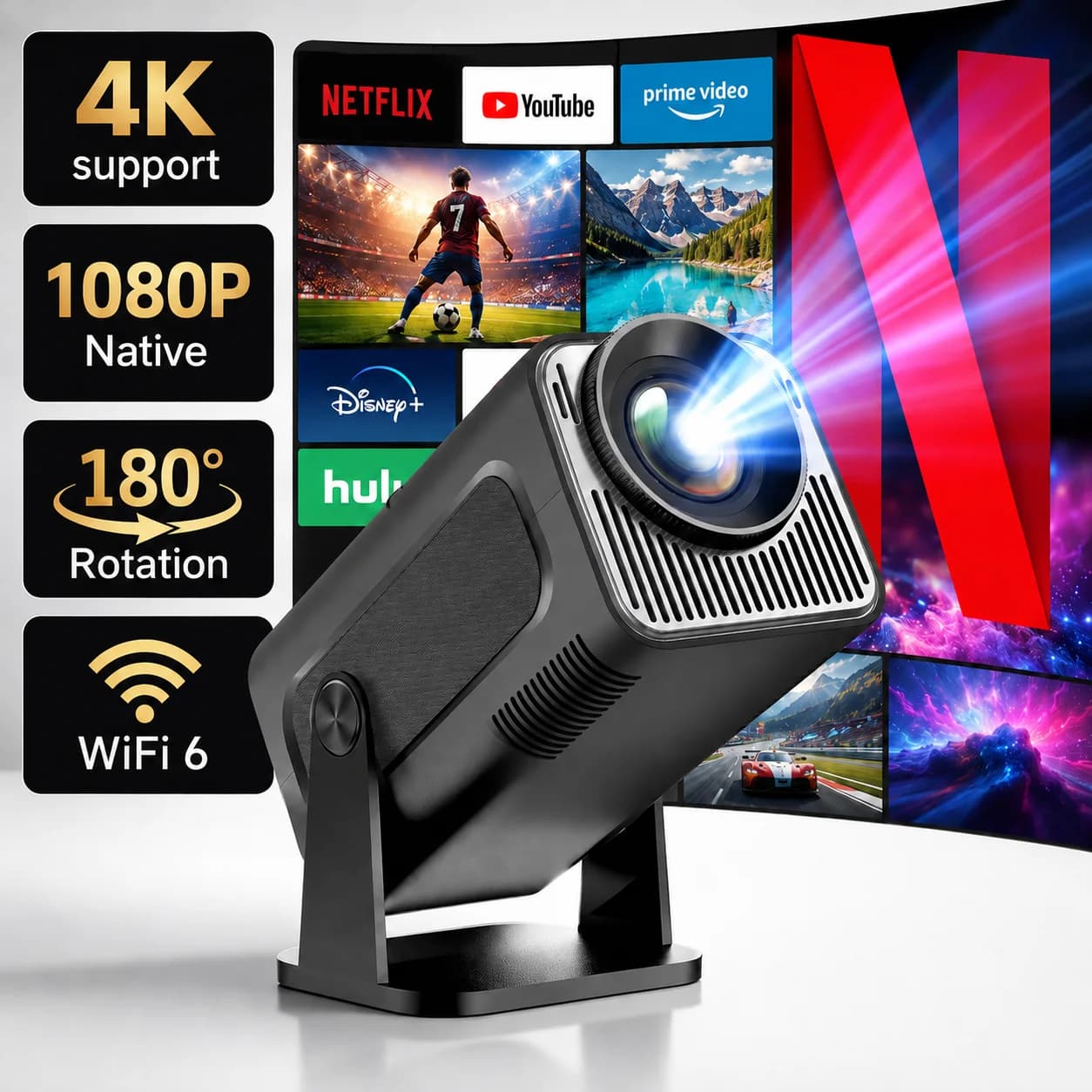 ZNLYRION 4K Decode Mini Smart Projector 720P Native Android 11.0 WiFi6 BT5.0 Portable Home Theater Auto Keystone Correction 130" Display