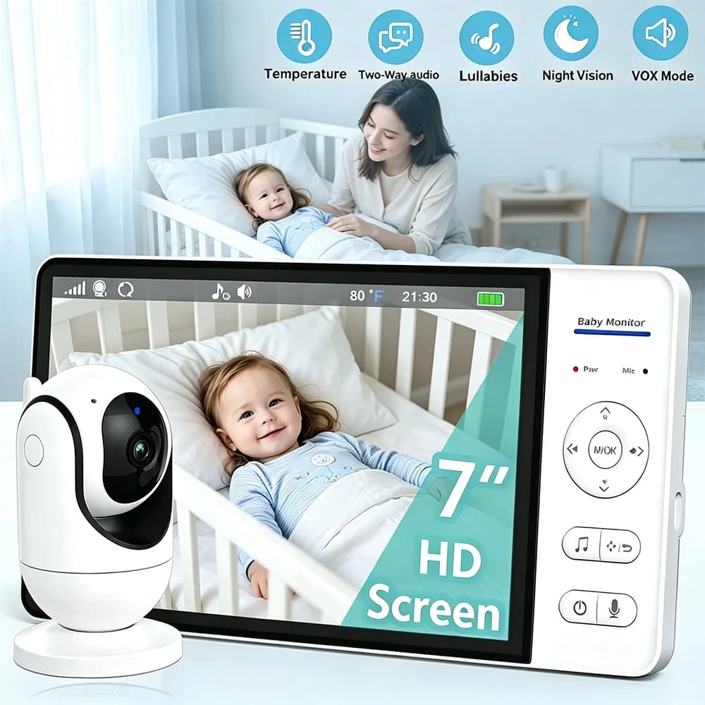Privacy Safe 2.4g Wireless 7 Inch Baby Monitor Ptz Rotatable Camera Temperature Display Built in Lullaby Newborn Toddler Nursery Sleep Monitoring Care Camera