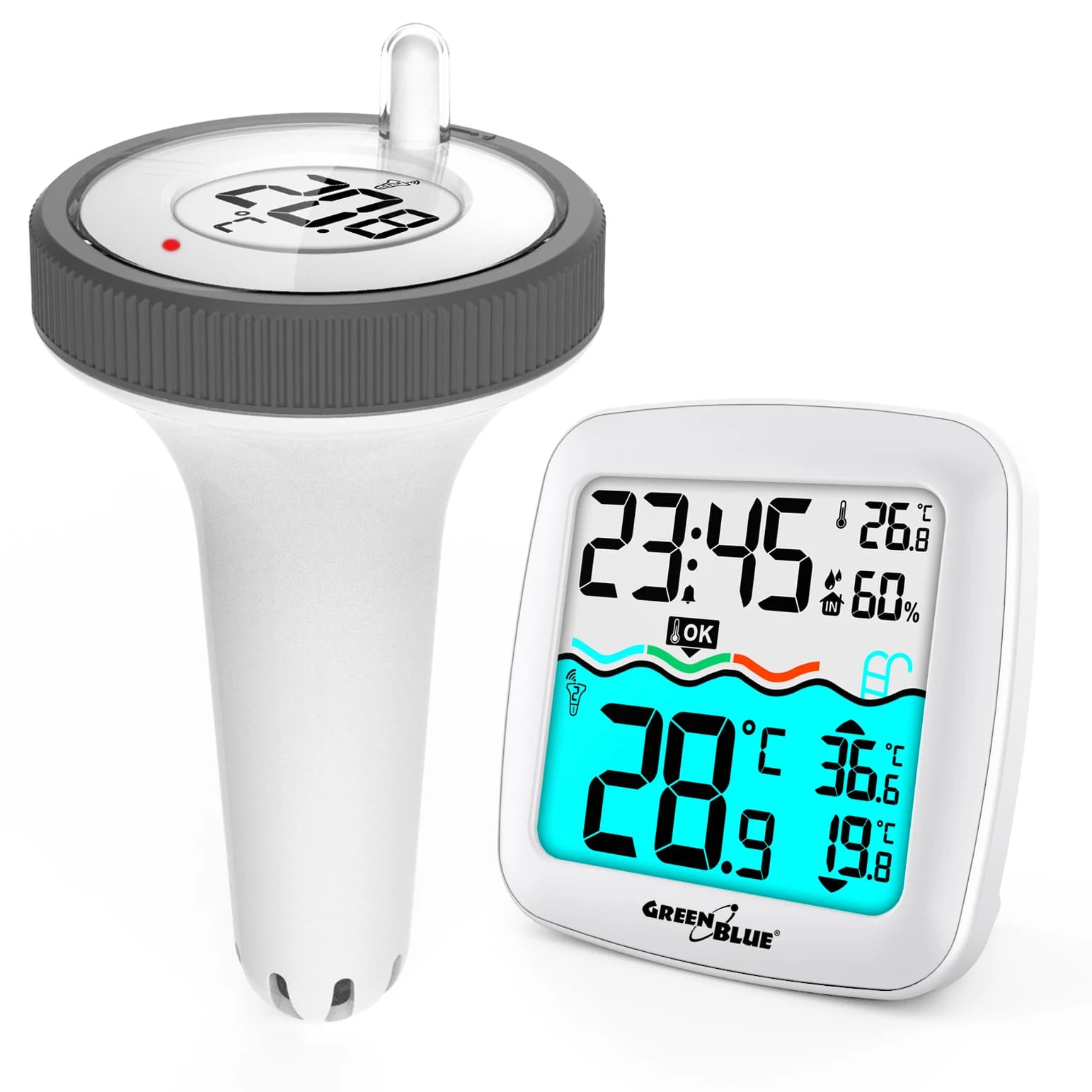 Weather Station with Pool Thermometer Range 60m, Floating Sensor, Temperature, Hour, Calendar, DCF GreenBlueGB216