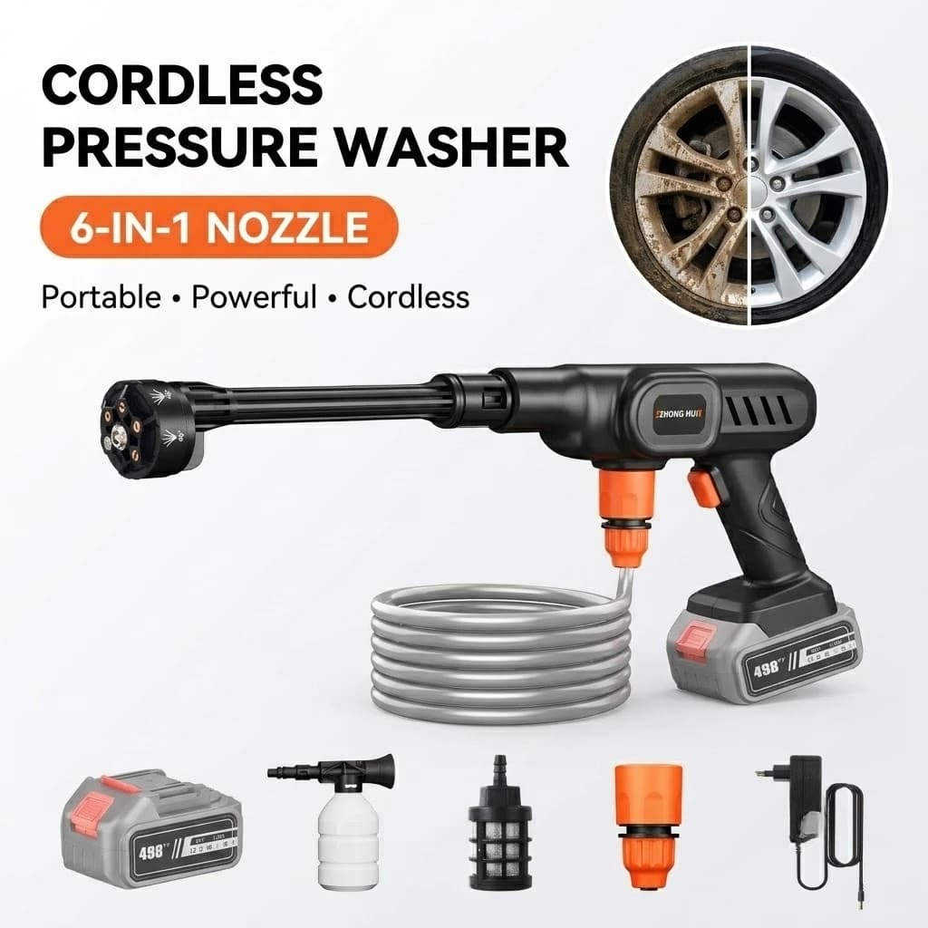 Cordless Pressure Washer Portable Power Washer with 6-in-1 Nozzle Rechargeable Battery Electric High Pressure Cleaner for Car Garden Patio Floor Cleaning