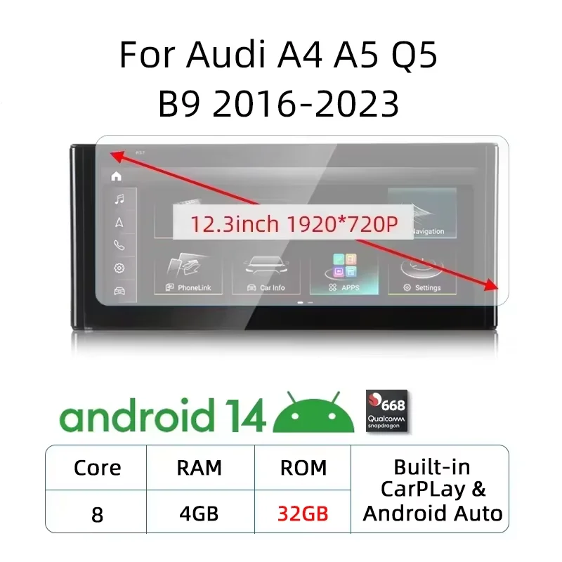 Android 14 Qualcomm Wireless Carplay Touch Screen For Audi A4 A5 Q5 B9 2016 2017 2018-2022 Radio Multimedia Intelligent Systems
