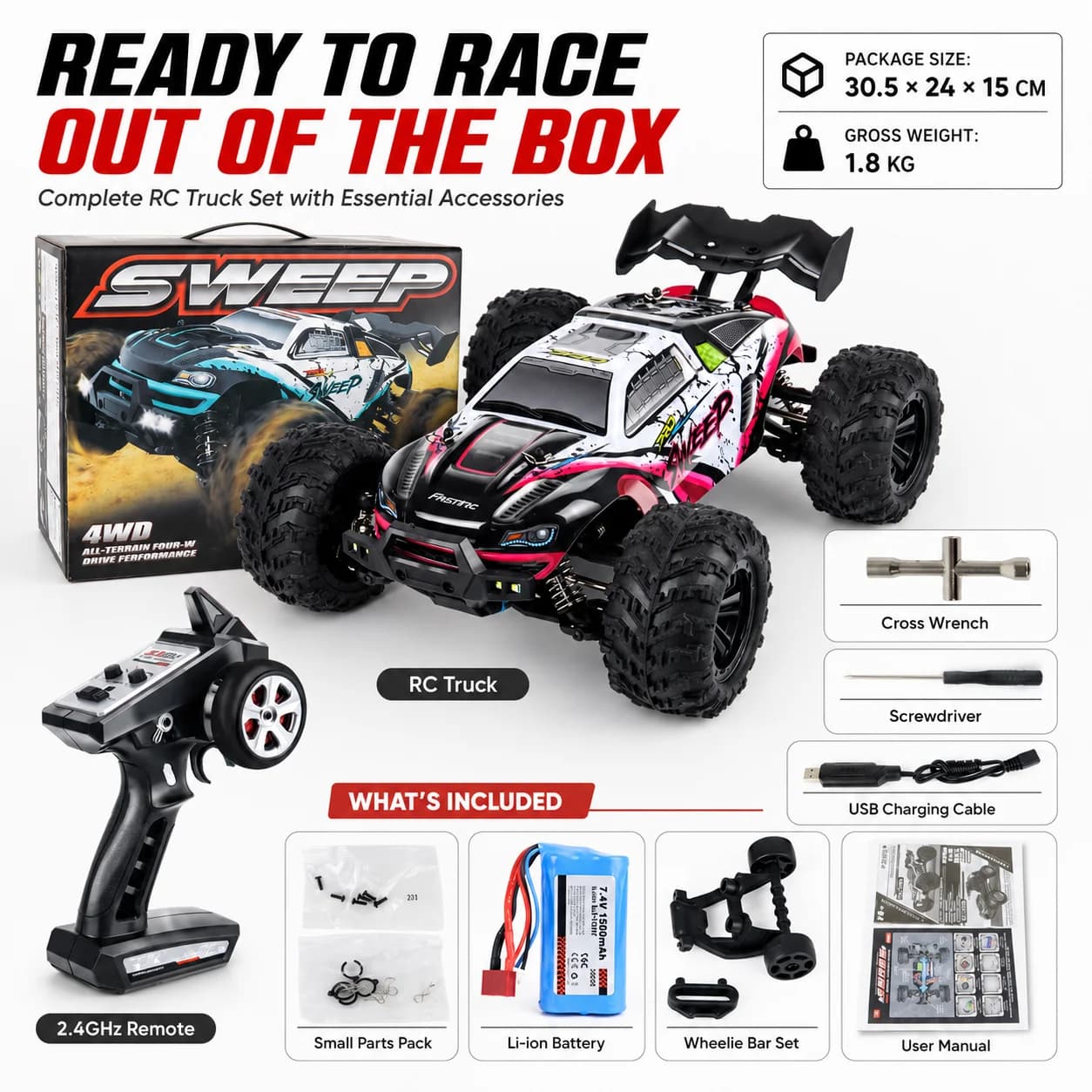 80km/h High Speed 4WD Off-Road RC Car, 1500mAh Battery 25 Min Runtime, All-Terrain Tires, 2.4GHz Remote Control Truck, Waterproof RTR Hobby Grade, for Adults Teens Camping Beach Outdoor Play