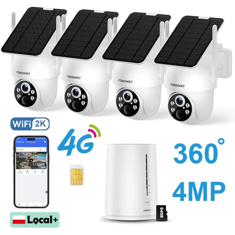 FOSSENXE 2K Outdoor Wi‑Fi Wireless Solar‑Powered Battery Security Camera, 4MP Cameras with Base, PTZ 360°, Auto Tracking, Color Night Vision, Visual and Audible Alarm, Night Vision
