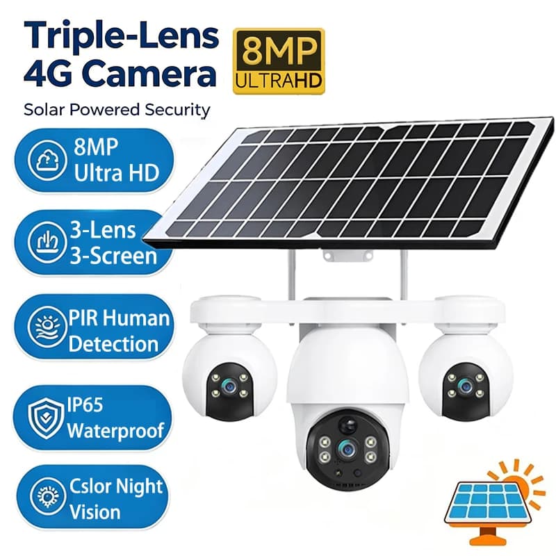 V380 Pro  4G LTE Off-Grid Solar Triple Lens Camera Outdoor PTZ Auto Tracking 8MP Triple Split Screen Weatherproof Surveillance Cam