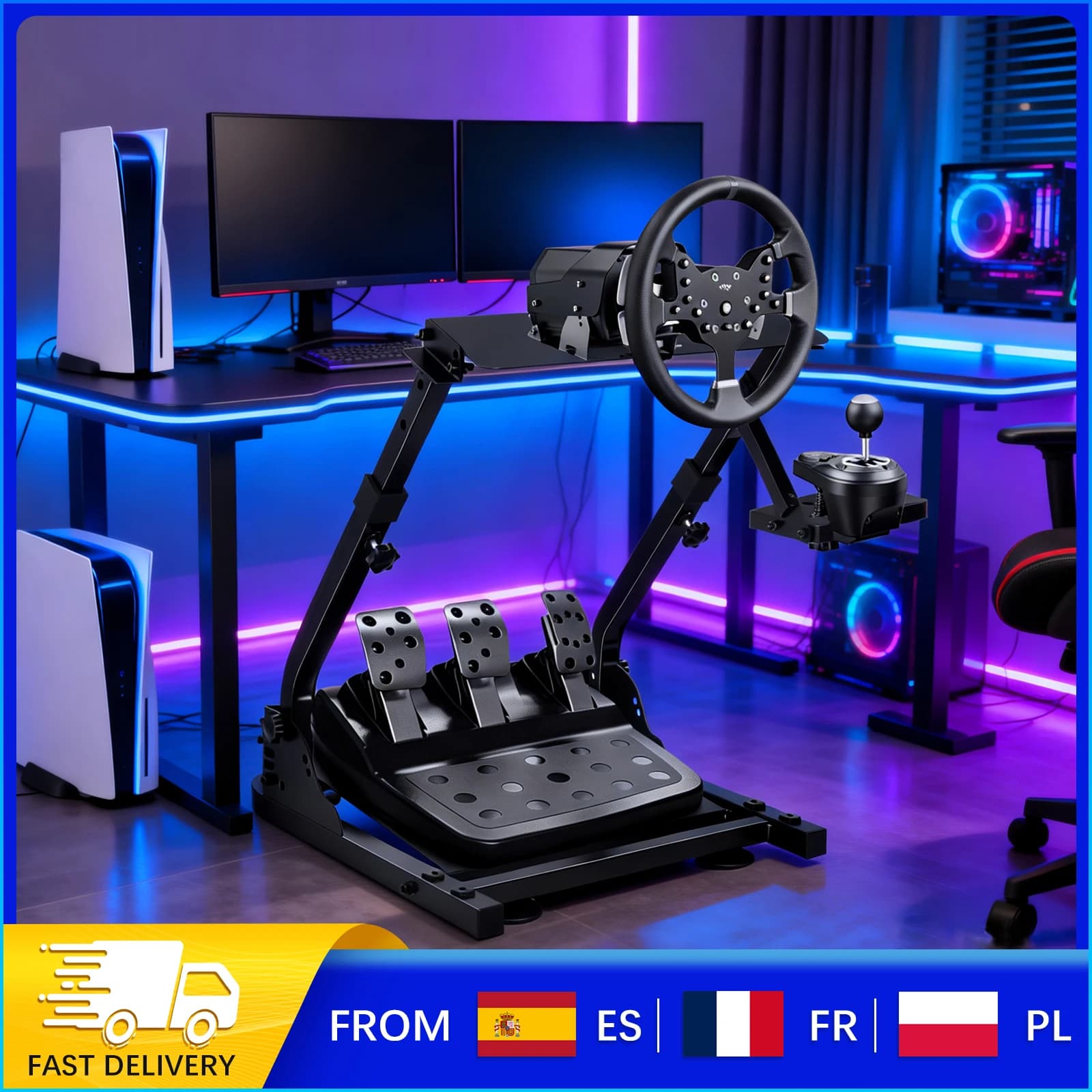 Foldable Sim Racing Wheel Stand, Height Angle Adjustable Carbon Steel Racing Mount, Reversible Shifter Bracket Left/Right Hand for G25 G27 G29 G920