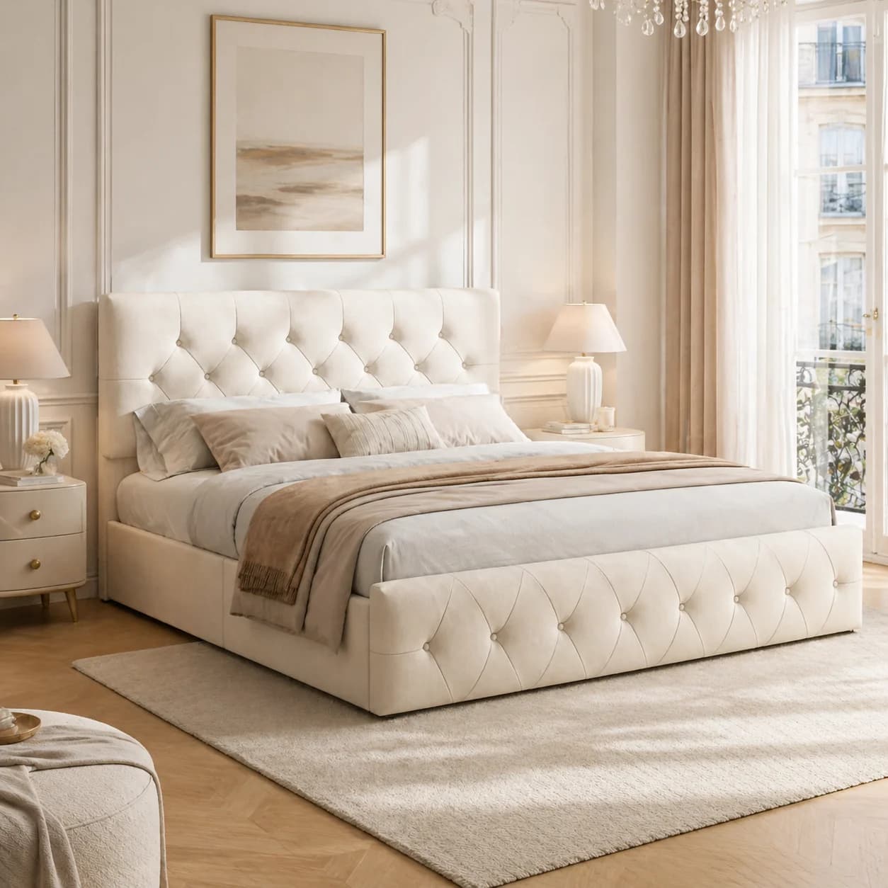 Cushion bed 140x200 cm, double bed with hydraulic lifting function and adjustable headboard, bed frame with storage space, upholstered bed storage bed functional bed, without mattress