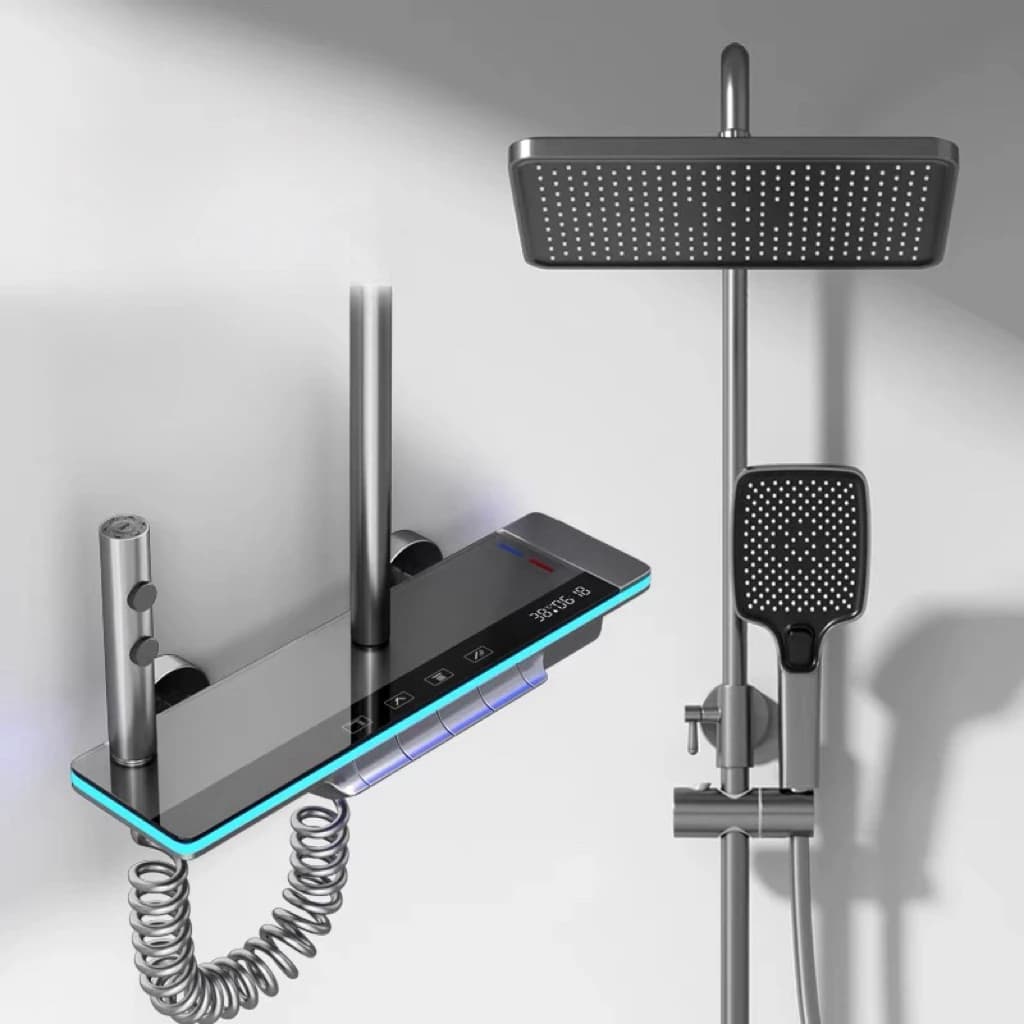 Bathroom Luxury Shower Faucet System with Lights Tempered Glass Shower Set Digital Display Copper Mixer Black Shower Faucet Set