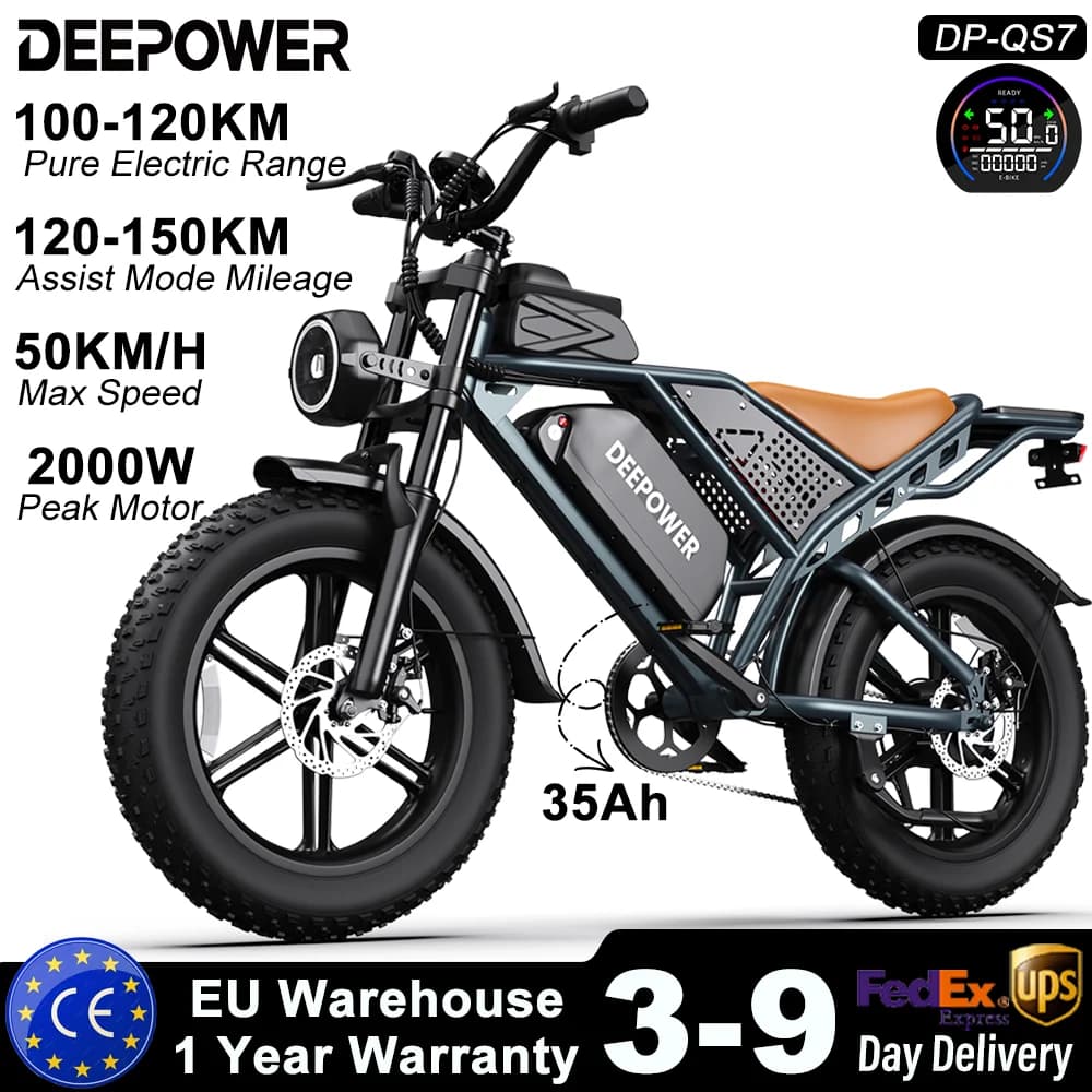 DEEPOWER 250W Electric Bicycle 48V 60AH Dual Battery Adult Electric Bike 20-inch Fat Tires Dual Shock Absorption Outdoor Off-Road All-Terrain Ebike