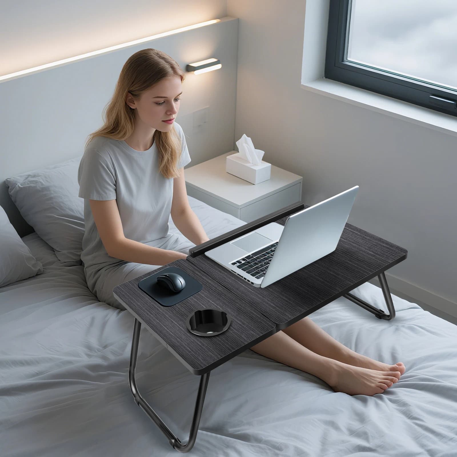 Foldable Laptop Bed Desk, 5-Level Height-Adjustable Split Desktop Lap Table with Cup Holder and Anti-Slip Stopper for Sofa or Bed, Ideal for Reading and Working