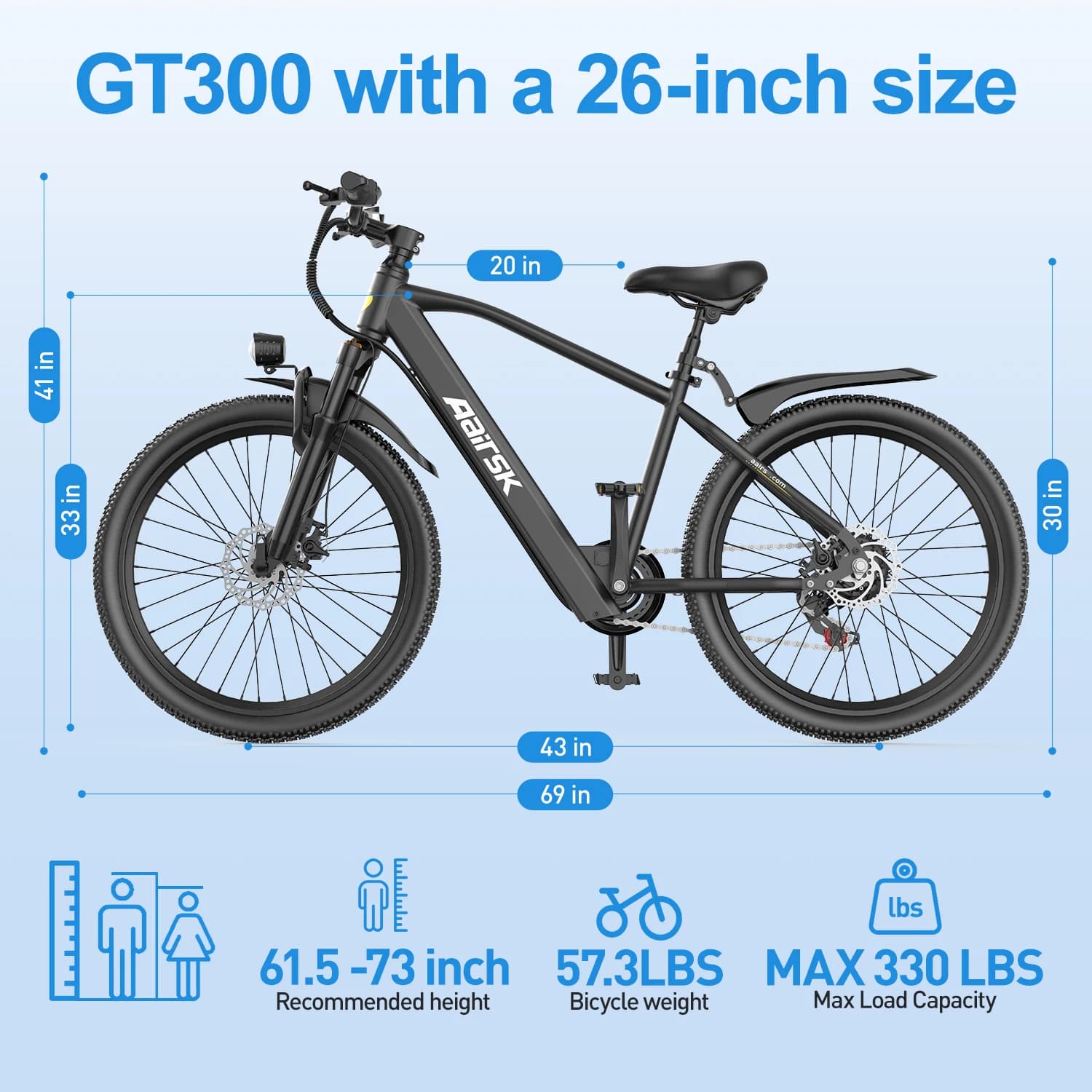 Aairsk GT300 Electric bike for adults, 36V 10AH 7 speeds with smart NFC lock, 26-inch tires, mountain bike with a range of 40 to 50 km, lightweight off-road bike for men and women.