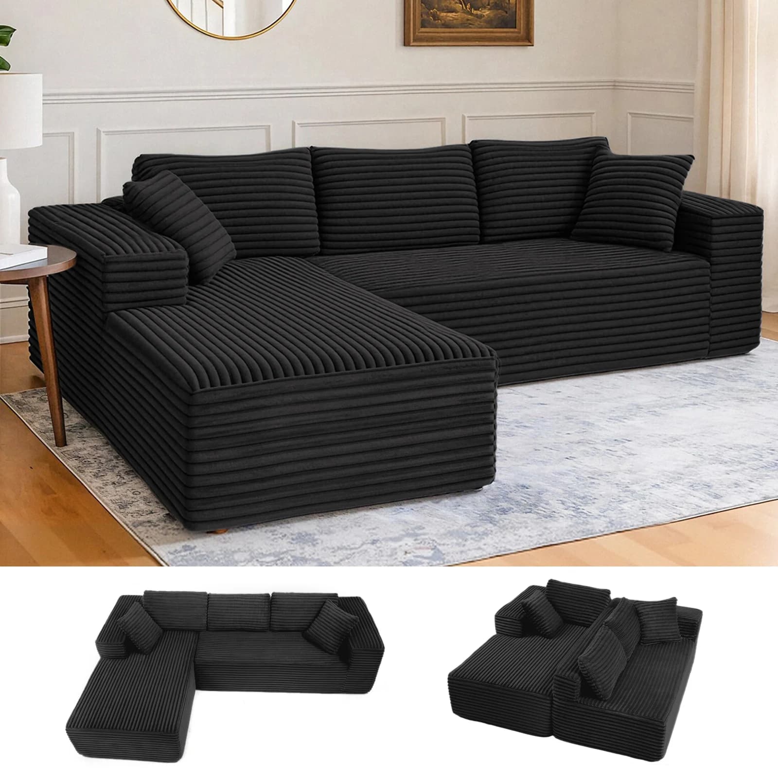COMHOMA 105 ”Modular Sofa L-Shaped Couch Cord Fabric Chaise Longue For living room No Assembling Required