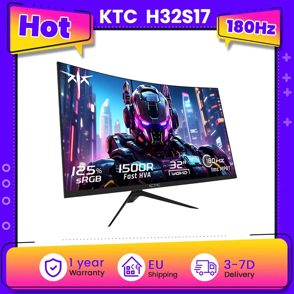 KTC H32S17 Gaming Monitor 32-inch 2560x1440 QHD 180Hz HVA Curved 1500R 300cd/m2 Brightness, 125% sRGB, 1ms(MPRT) Response Time