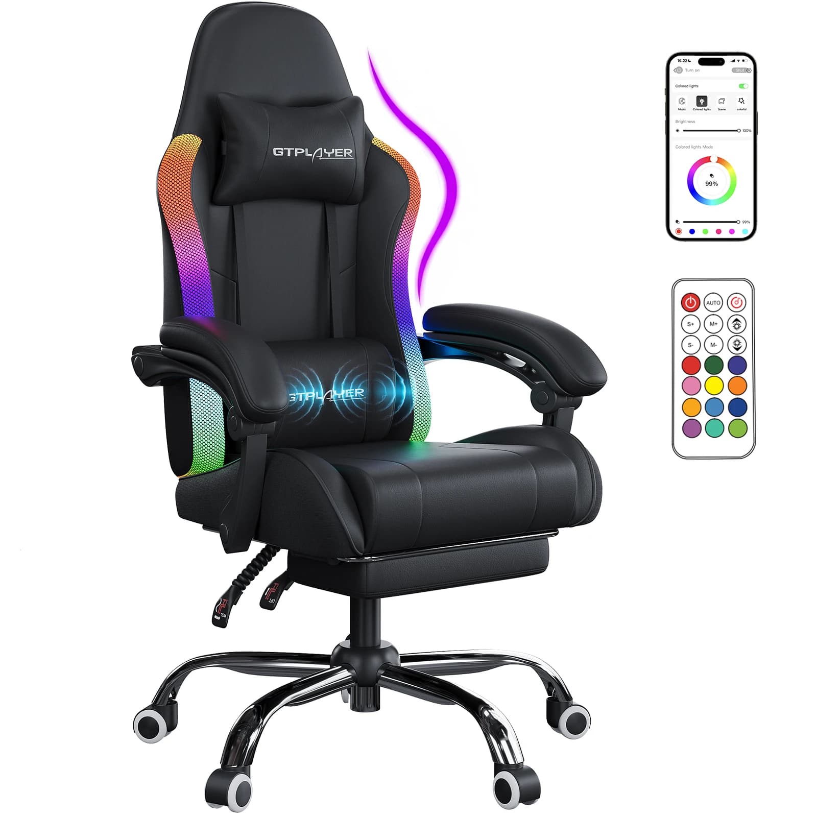GTPLAYER Gaming Chair, Office Chair, Gaming Chair with LED Light Bar and Massage Function, Gamer Chair, Backrest with Storage Bag Ergonomic PC Chair with Remote Control