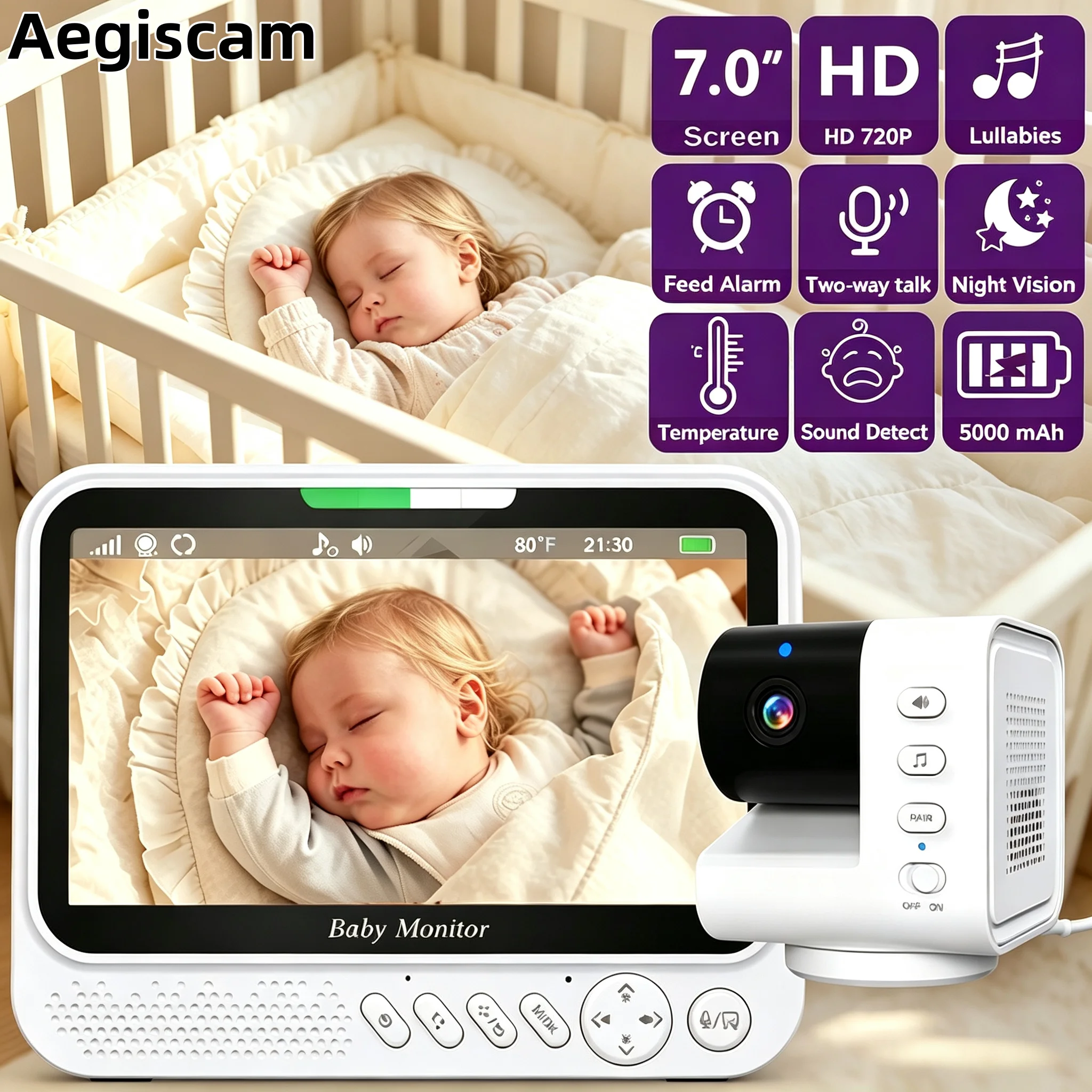7 Inch HD wide display Wireless Video Baby Monitor PTZ Zoom Rotatable Camera Two Way Audio Room Temperature Monitor Built In Lullaby Infrared Night Vision VOX Function Indoor Newborn todler treatment Monitor