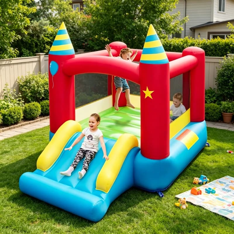 Kids 2-In-1 Inflatable Bouncy Castle With Slide And Storage Carry Bag, Without Air Blower, Secure Play Area For Children, Interactive Sound Effect Design, Ideal Indoor & Outdoor Play Equipment For Backyard Parties