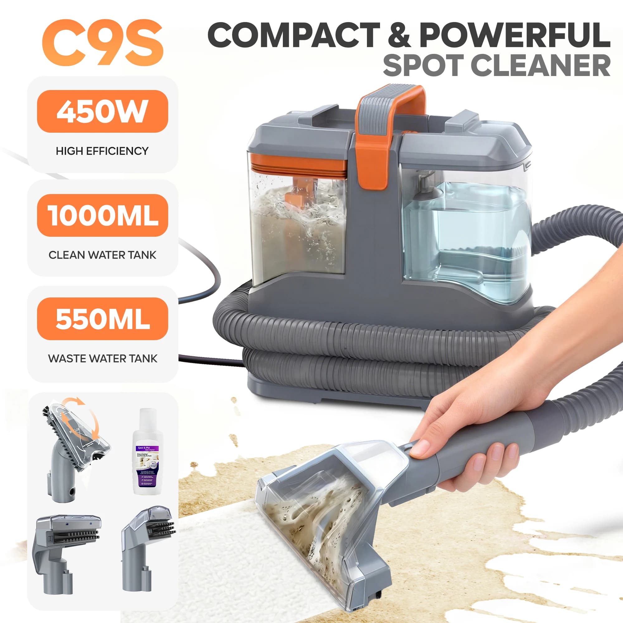 C9S Carpet Cleaner 13kPa 450W, Portable Shampooer for Couch Car, Water Dust Vacuum Cleaner, Kit with 3 Brushes Included