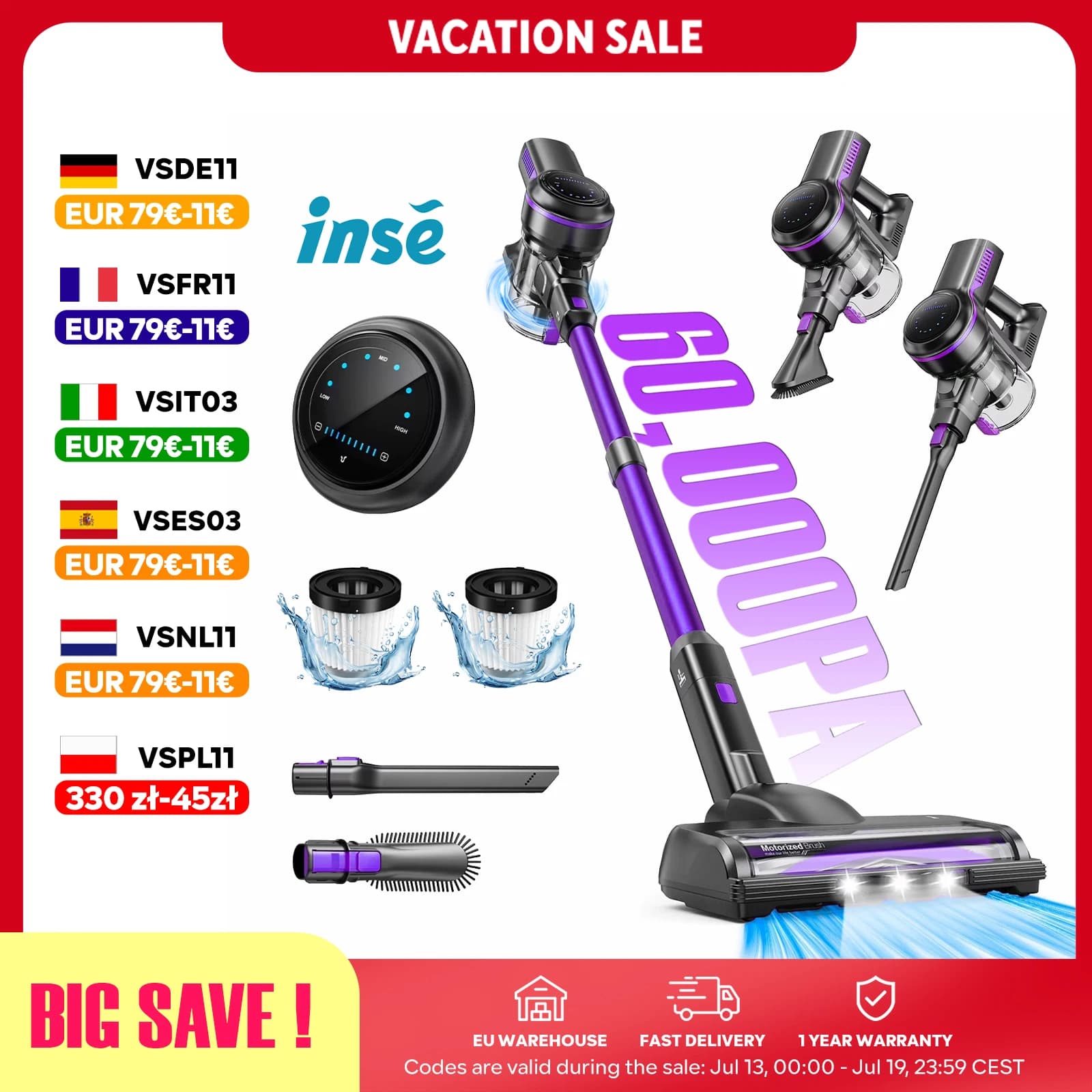 Inse S7P vacuum cleaner mop 1.3L 60kPa powerful sution 50min battery life LED motorized Brush for floor, Carpet, Car