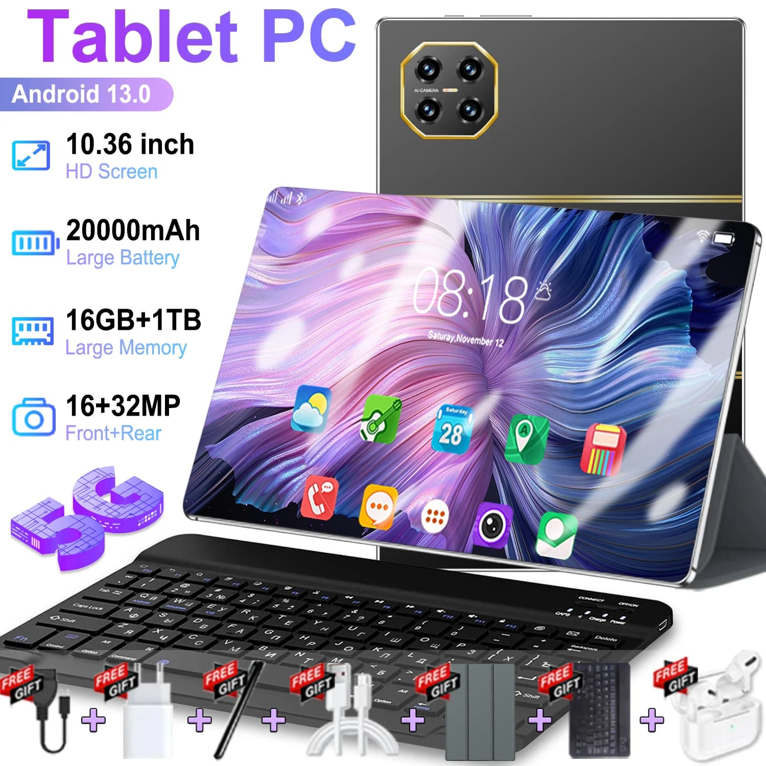 5G 2026 New Global Version 10.36 Inch Tablet Android 16GB Ram 1TB Rom Android 13.0 Dual SIM 10 Core Bluetooth Tablet PC Network GPS WPS Office