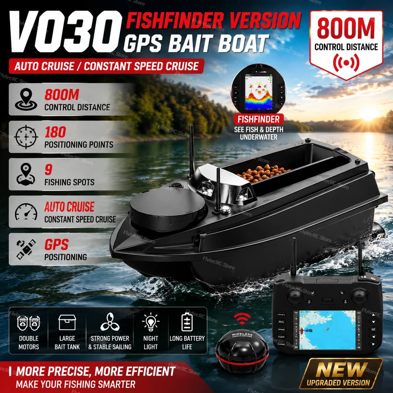 Flytec V030 M remote control bait boat with sonar, fish detector, anchor points, carp fishing boat, RC fishing boat, fishing boat, storage bag