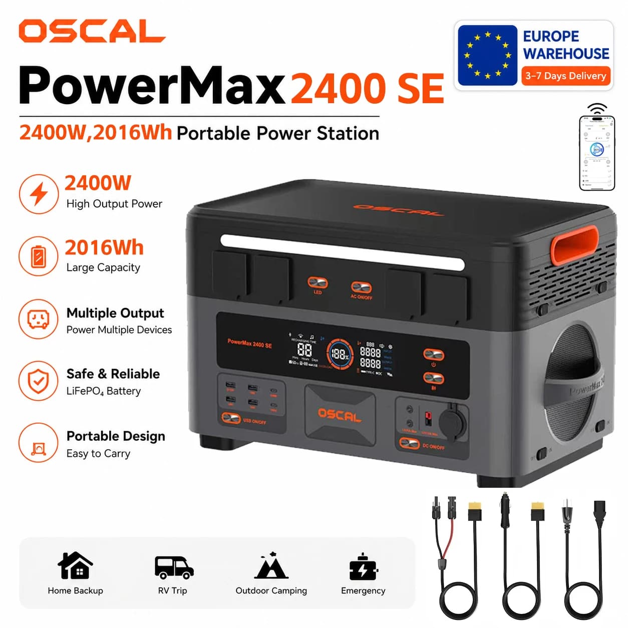 OSCAL PowerMax 2400SE Portable Power Station 2400W Solar Generator 2016Wh Lifepo4 Rechargeable Battery Powerbank for daily home use, adventure and camping, RV, outdoor backup