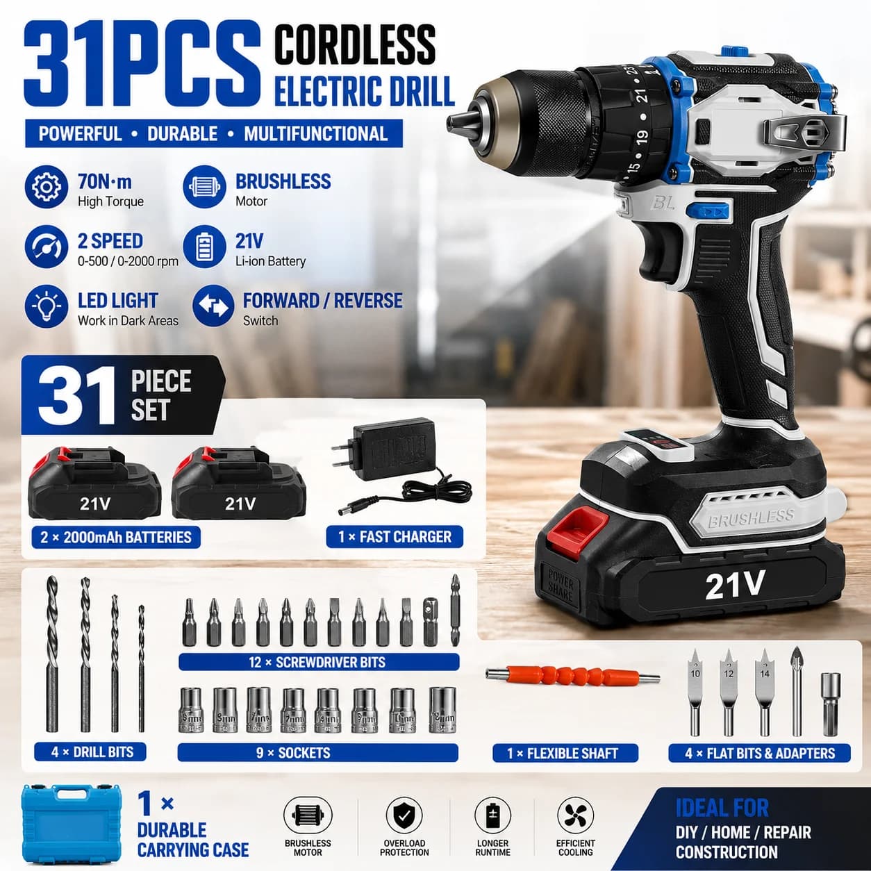 31PCS Cordless Electric Drill 70N.m Brushless Impact Drill Driver 2-Speed Power Screwdriver Multifunctional DIY Tool Set Includes 2 batteries and 1 charger