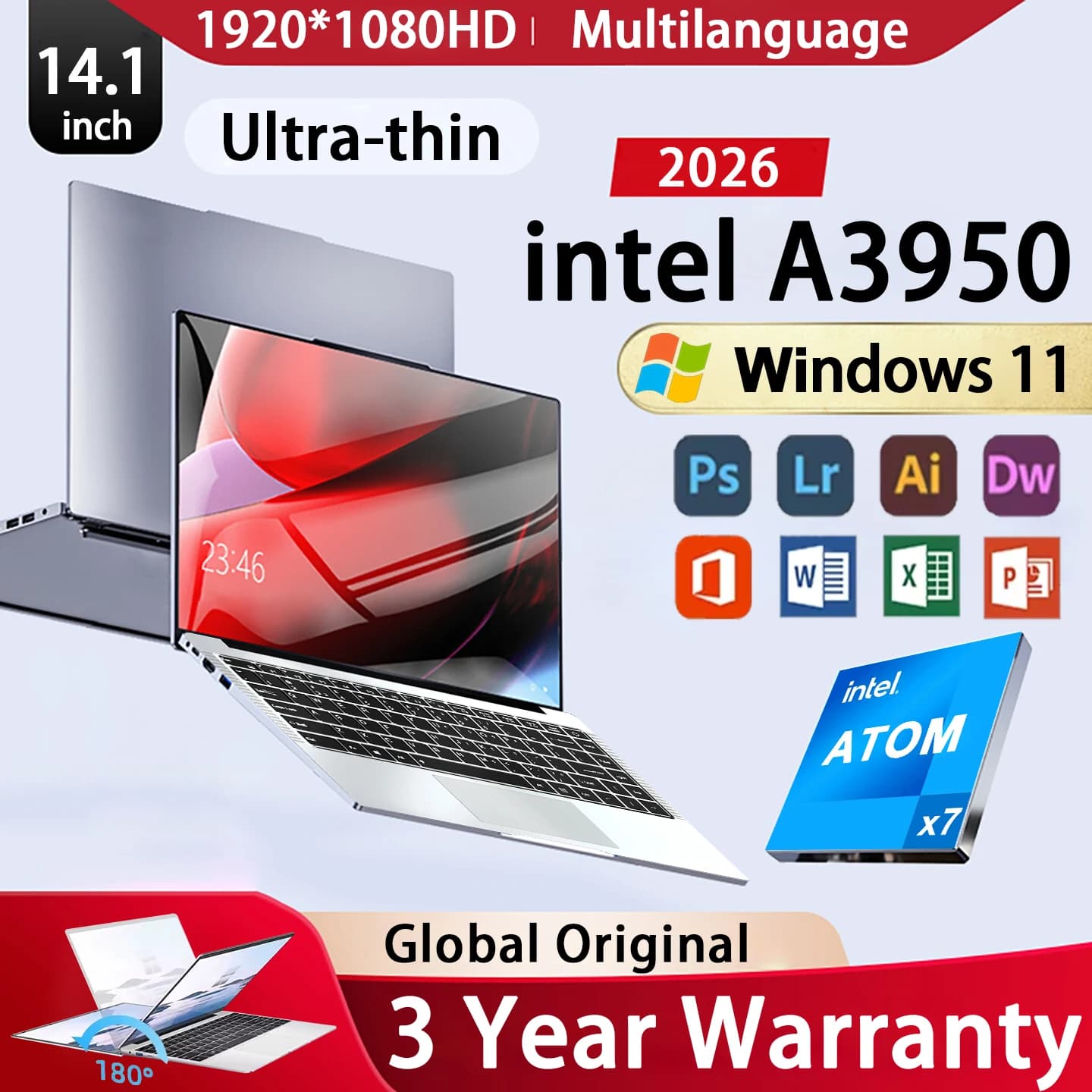 FUCHU 14.1 ” Laptop Intel Atom A3950 Windows 11 Laptops 12GB RAM 1TB 2TB SSD Portable Notebook Computer Gaming Office Leisure PC 1920*1080 HD 4K