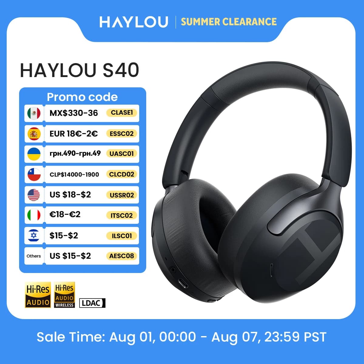 HAYLOU S40 ANC Wireless Headphones Bluetooth 6.0 Hi-Res Audio Over Ear Headset 50dB Hybrid Active Noise Cancellation Earphones