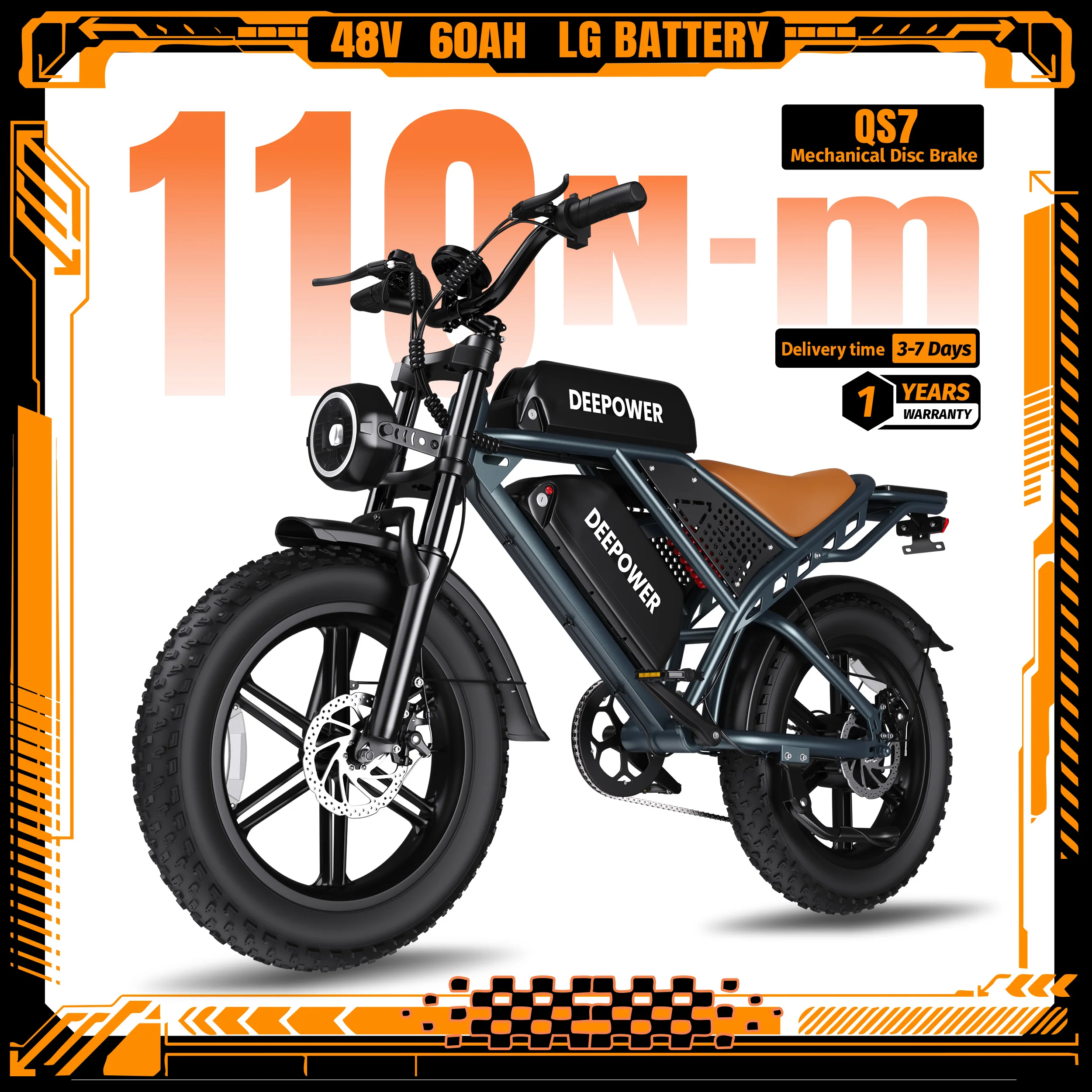DEEPOWER QS7 Off-Road Electric Bike for 110N·m High Torque Motor 48V 60AH LG Battery with 20-inch fat tire Adults Mountain Ebike All-Terrain Disc Brake Motorcycle
