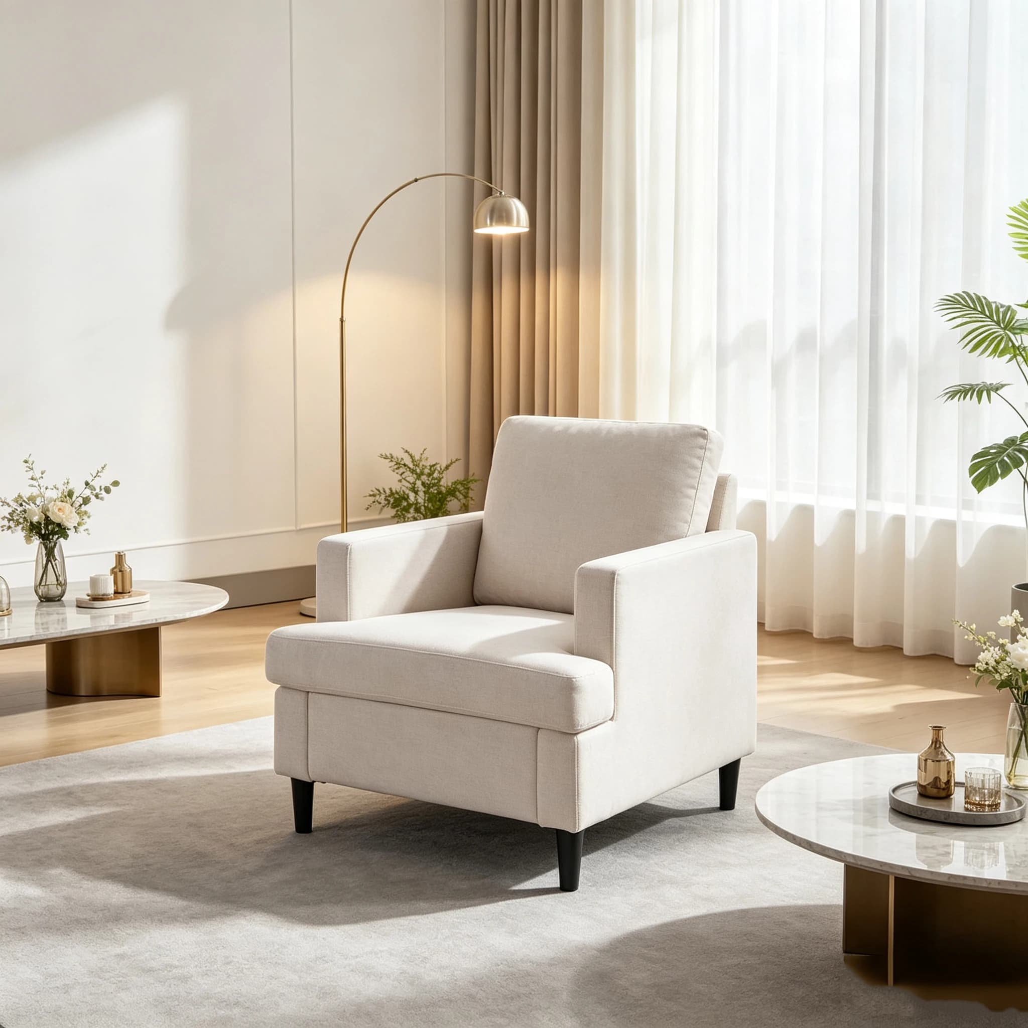 Mid-Century Accent Chair Modern Linen Fabric Armchair, Comfy Upholstered Accent Chairs, Single Sofa Chair with Solid Wood Legs for Bedroom, Apartment
