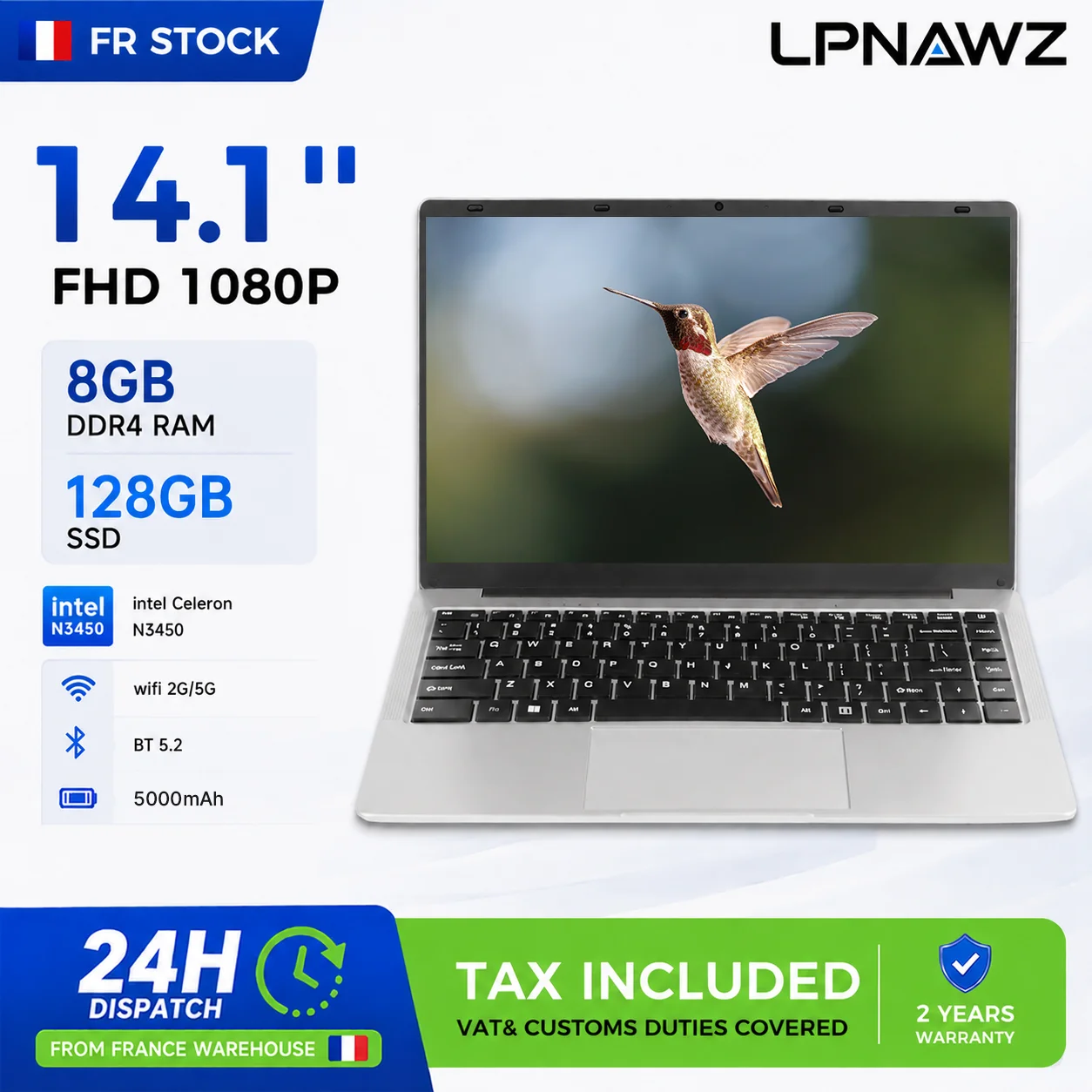LPNAWZ 14.1" Budget Laptop for Students & Work - Intel N3450, 8GB RAM, 128GB SSD, Genuine Windows 10 (Free Win11 Upgrade), WiFi/BT 5.2, FR Fast Shipping + Free Keyboard Cover (DE/FR/IT/ES)