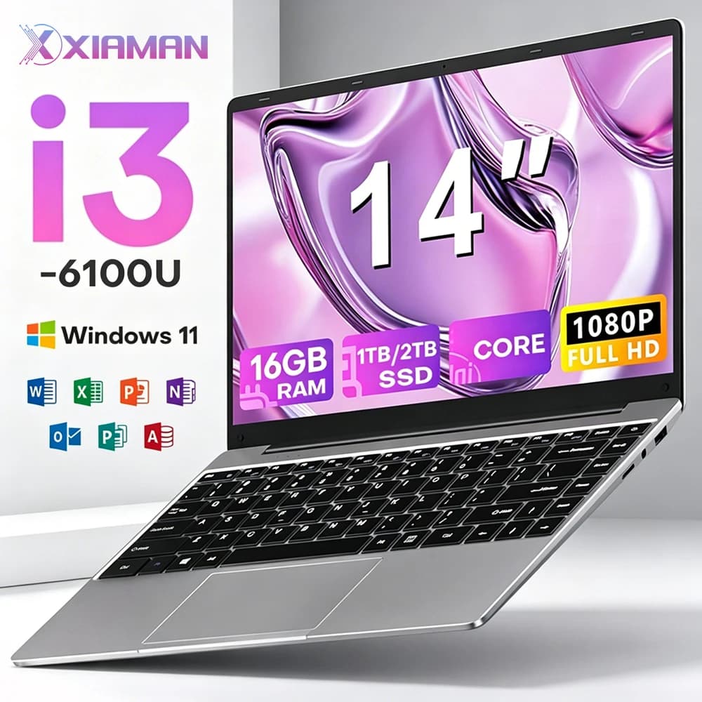Xiaman 14.1 inch Office Laptop Computer intel Core i3 6100U Windows 11 Laptops 16GB DDR 1TB 2TB SSD Unlock Notebook PC Computer
