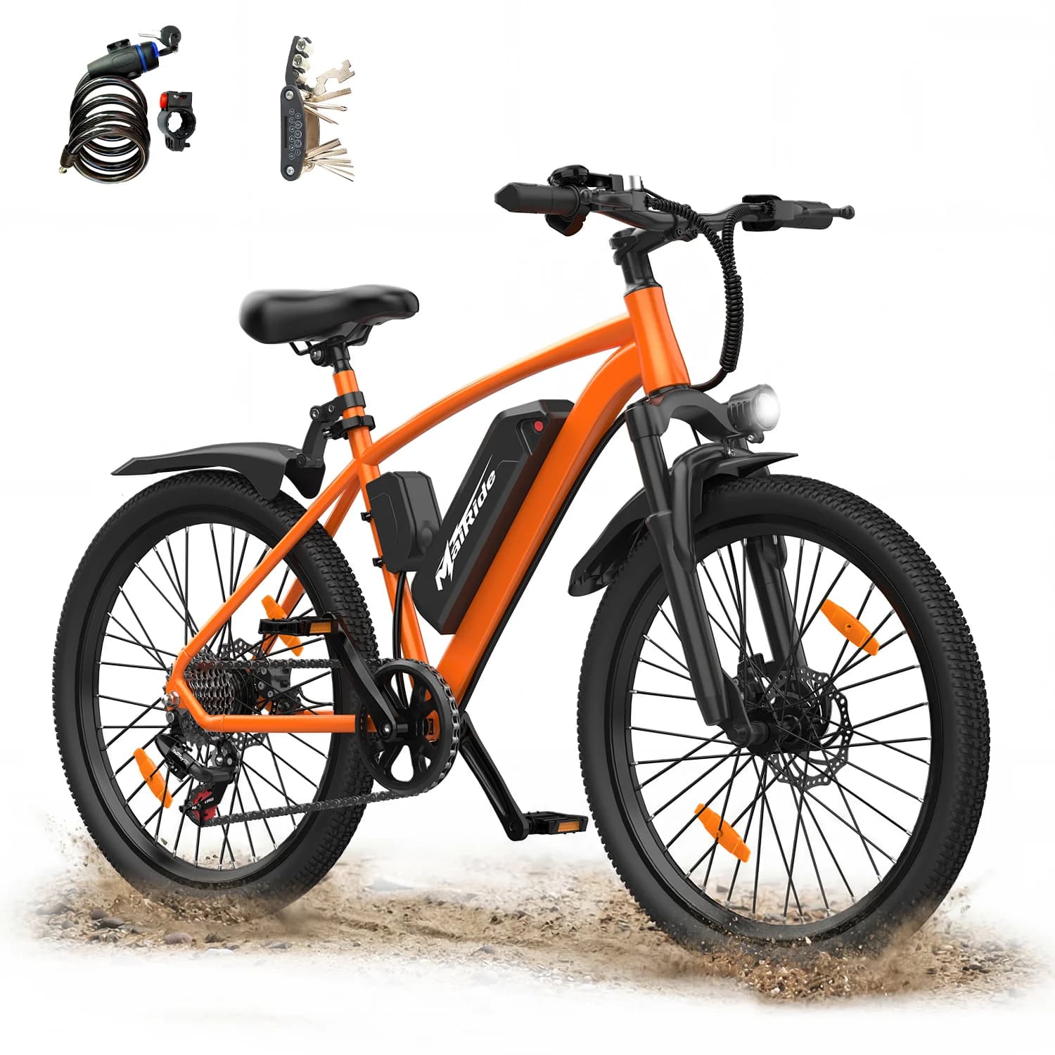 Electric Bike for Adults MAIRIDE Q7-Orange, 250W Peak Motor Ebike with 36V 10Ah Removable Lithium Battery, 7-Speed Derailleur, Front Suspension, 25KM/H Max Speed