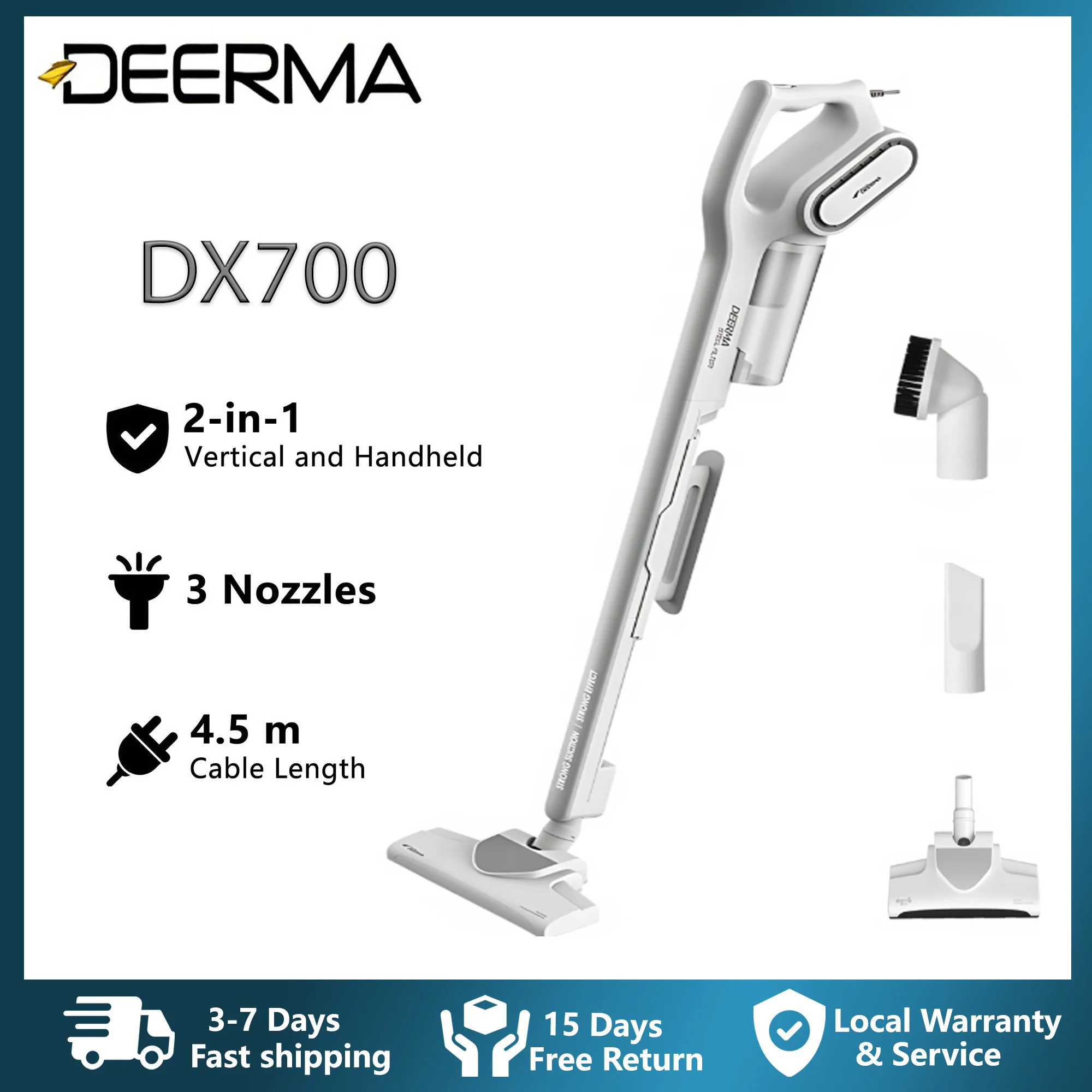 Deerma DX700 Vacuum Cleaner 180° Rotating 3 Brush 600W 15000Pa Strong Suction for Home Pet Hair Car Stick 2-in-1 Vacuum Cleaner