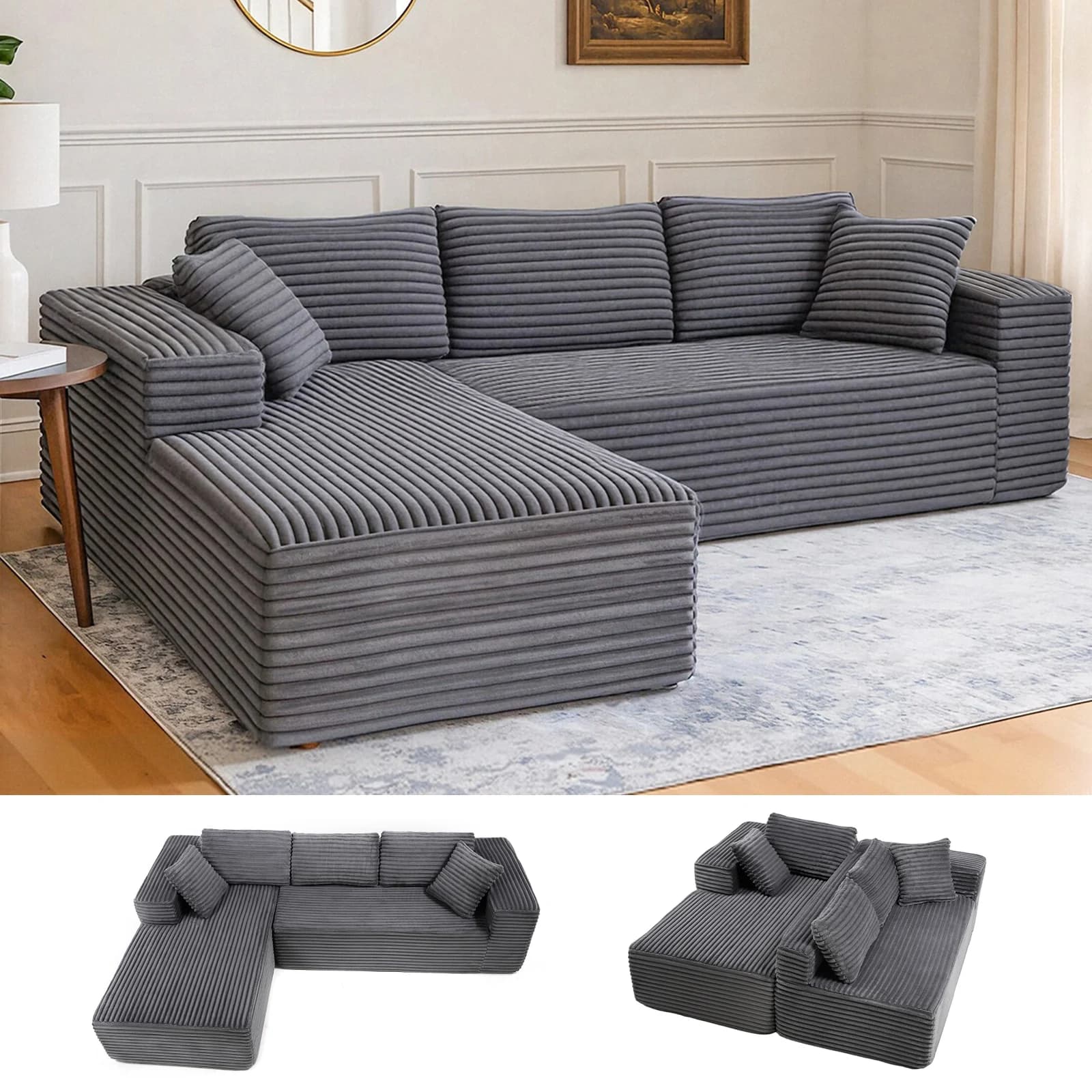 COMHOMA 105 ”Modular Sofa L-Shaped Couch Cord Fabric Chaise Longue For living room No Assembling Required