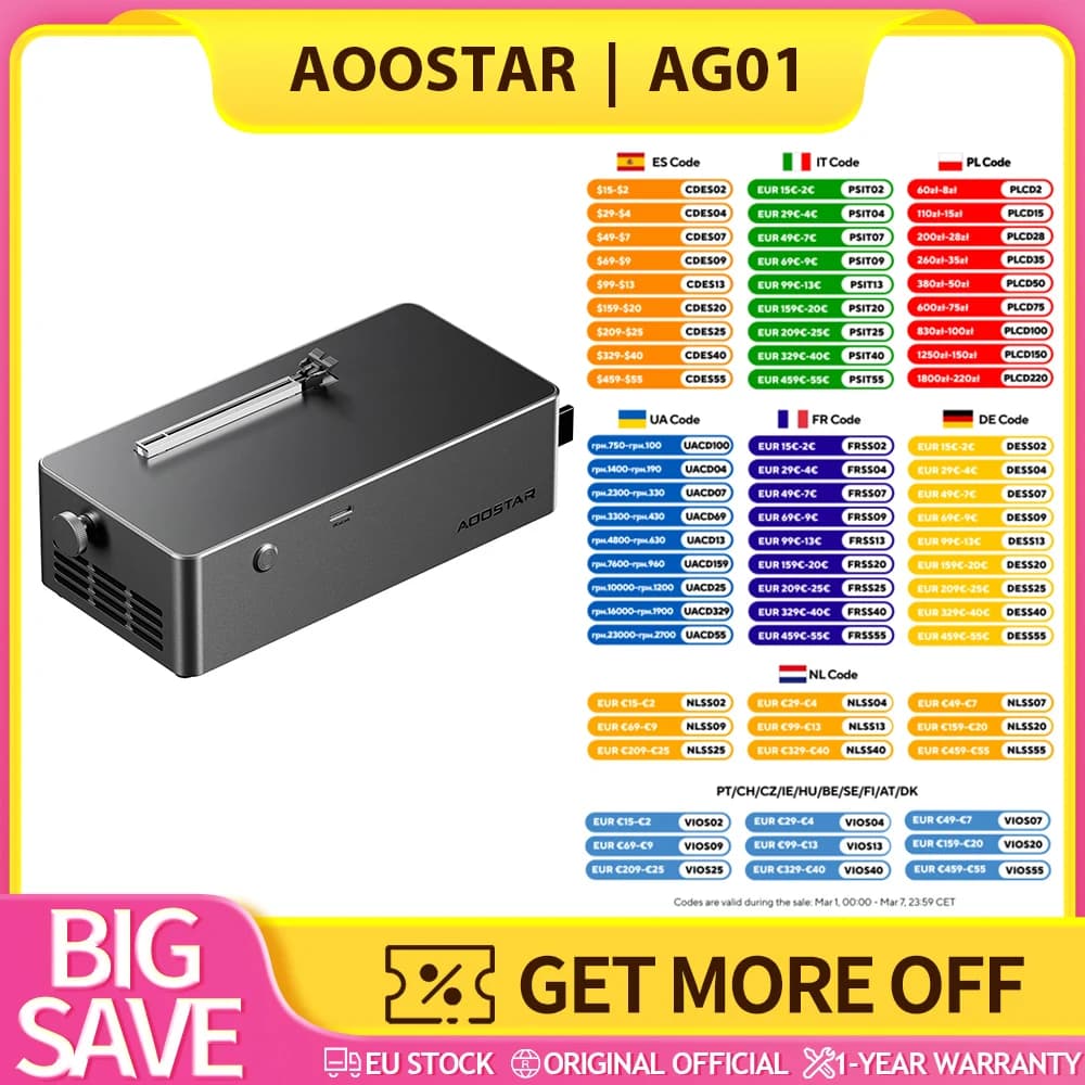 AOOSTAR AG01 eGPU Dock with Oculink Port, Built-in 800W Power Supply, Wide Compatibility, Support Mac & Windows (Win 11 22h2 or higher recommended), Supports TGX Interface Hot-swap - EU Plug