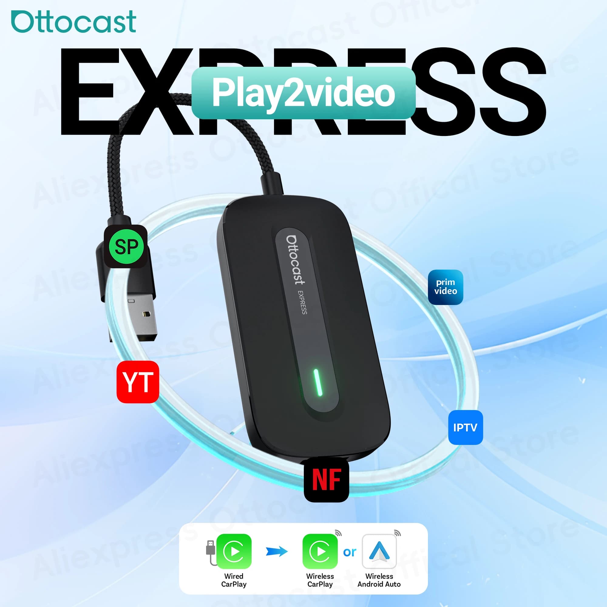 OTTOCAST Play2Video Express AI Box for Youtube Netflix Wireless CarPlay Android Auto Adapter Car Accessories for Benz Toyota VW