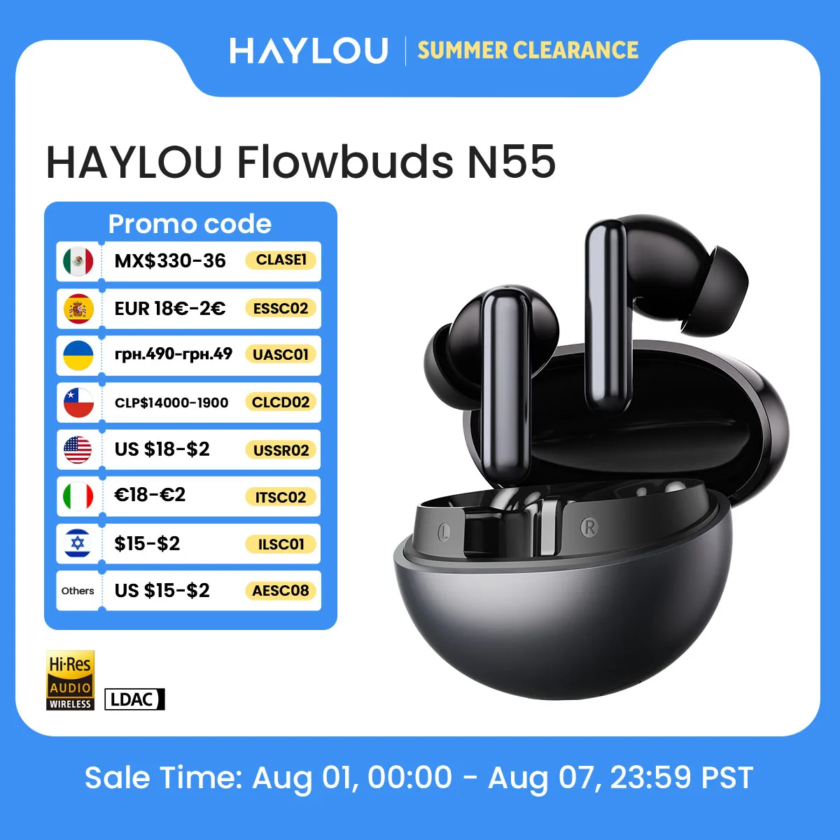 HAYLOU Flowbuds N55 Wireless Earbuds 54dB Adaptive ANC Bluetooth 6.0 LDAC Hi-Res Audio 6-Mic HD Call Earphones 40H Playback IPX5
