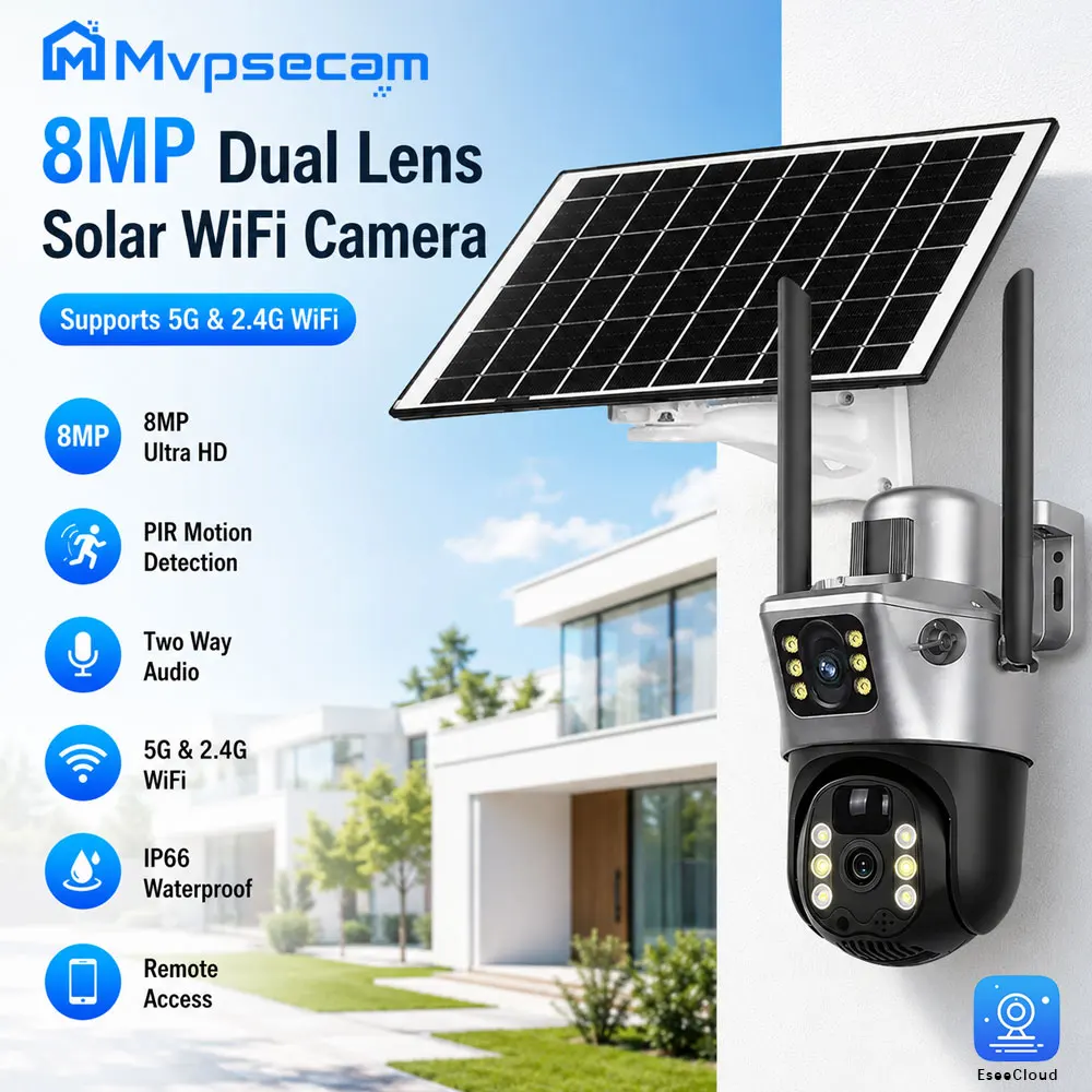 8MP Outdoor Solar WiFi CCTV Camera Dual Lens PTZ IP Security Camera with 5GHz 2.4GHz Dual Band Connection PIR Motion Detection Two Way Audio IP66 Waterproof Remote Viewing for Home Entrance Patio Farm Shop Courtyard and Property Surveillance System