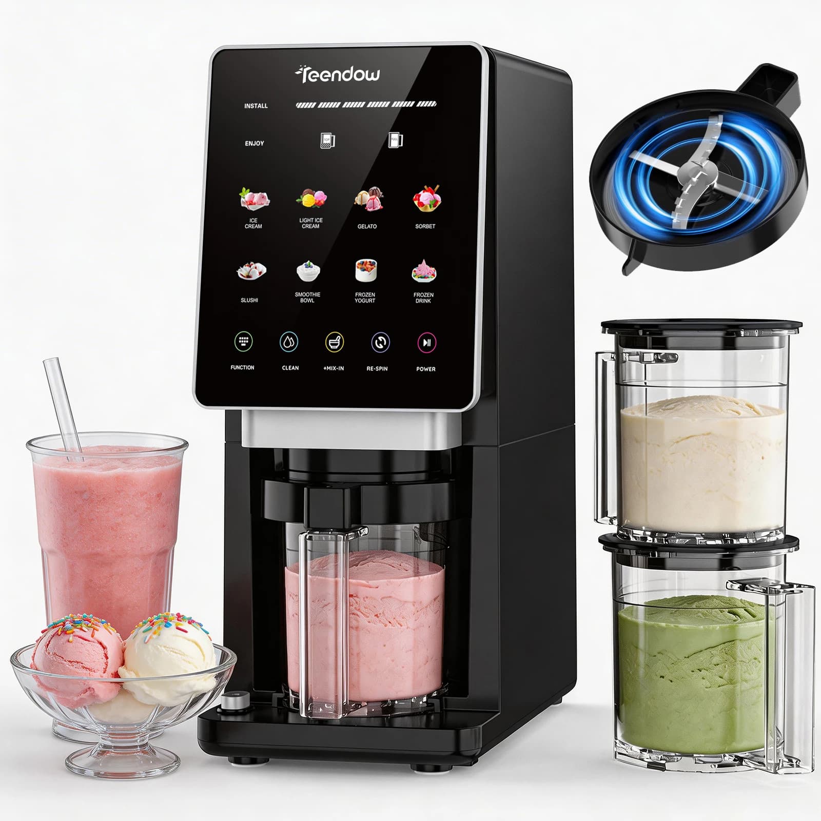 Teendow KF-2501U1 Ice Cream Maker with 8 Preset Programs, Self-Cleaning, Mix-In & Re-Spin Functions, Home Countertop Model