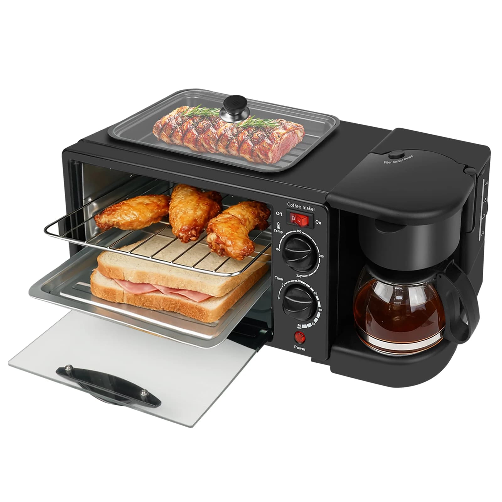 Multifunctional 3 in 1 Breakfast Maker, Can Make Coffee Use Oven to Bake Sausage Steak, Insulation Sump 600ml